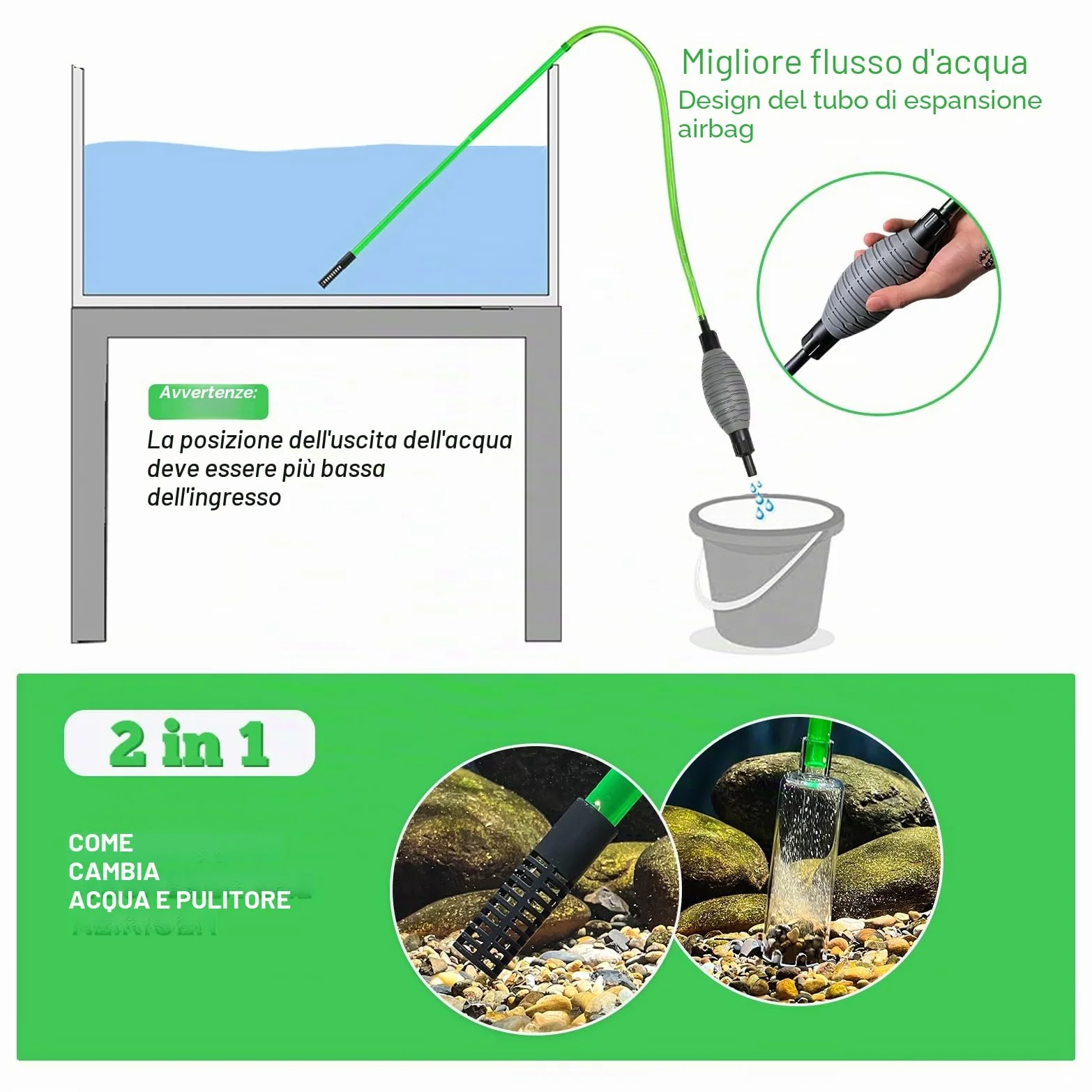 Cambio d'Acqua per Acquario, Detergente per Ghiaia per acquari Kit con sifone, vestito per il cambio dell'acqua dell'acquario e la pulizia della sabbia dell'acquario