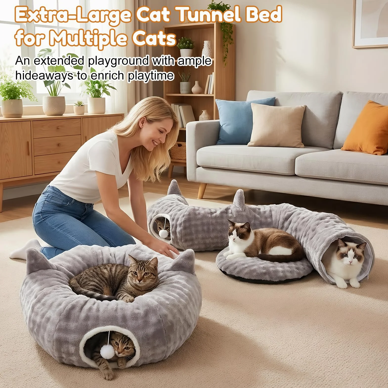 Tunnel per Gatti, Tunnel Gatto e Cuccia 2 in 1 con Giocattoli Pendenti, Tunnel Gatto con 2 Ingressi, Cuscino Circolare Lavabile, Tubo per Gatti Gioco Pieghevole per Gattini/Cuccioli/Conigli