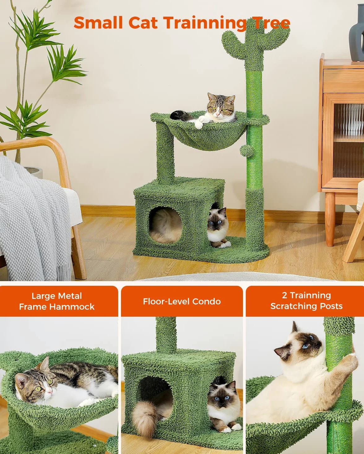 PAWZ Road Albero tiragraffi a forma di cactus per gatti interni, tiragraffi per gatti, torre da gioco per gatti con amaca, 102 cm, AY401-AMT0195GN