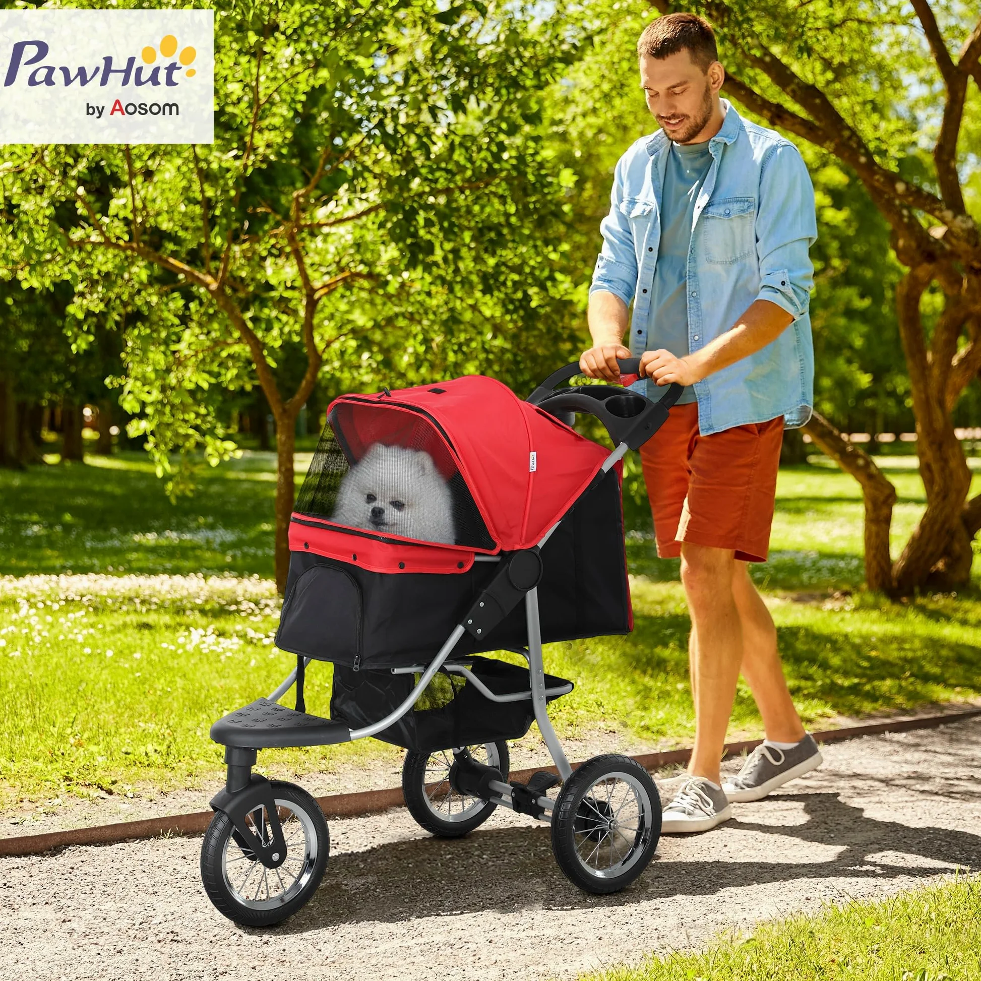 PawHut Passeggino pieghevole per cani e gatti fino a 10 kg, con finestra a rete, portabevande per gatti, colore: rosso