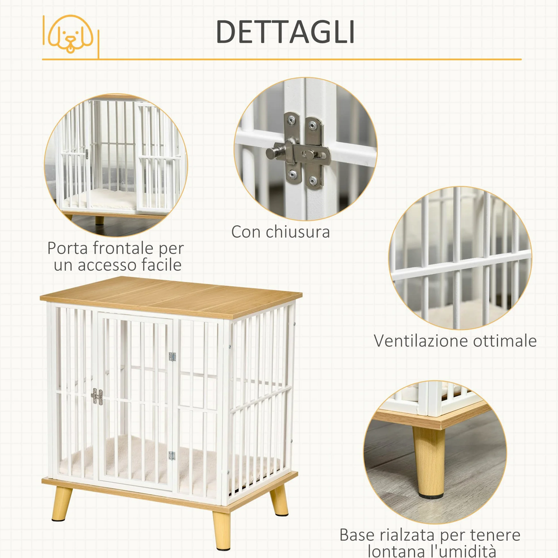 PawHut Casetta per Cani da Interno in Legno e Acciaio, Kennel con Cuscino Rimovibile e Lavabile per Cani di Piccola Taglia, Quercia