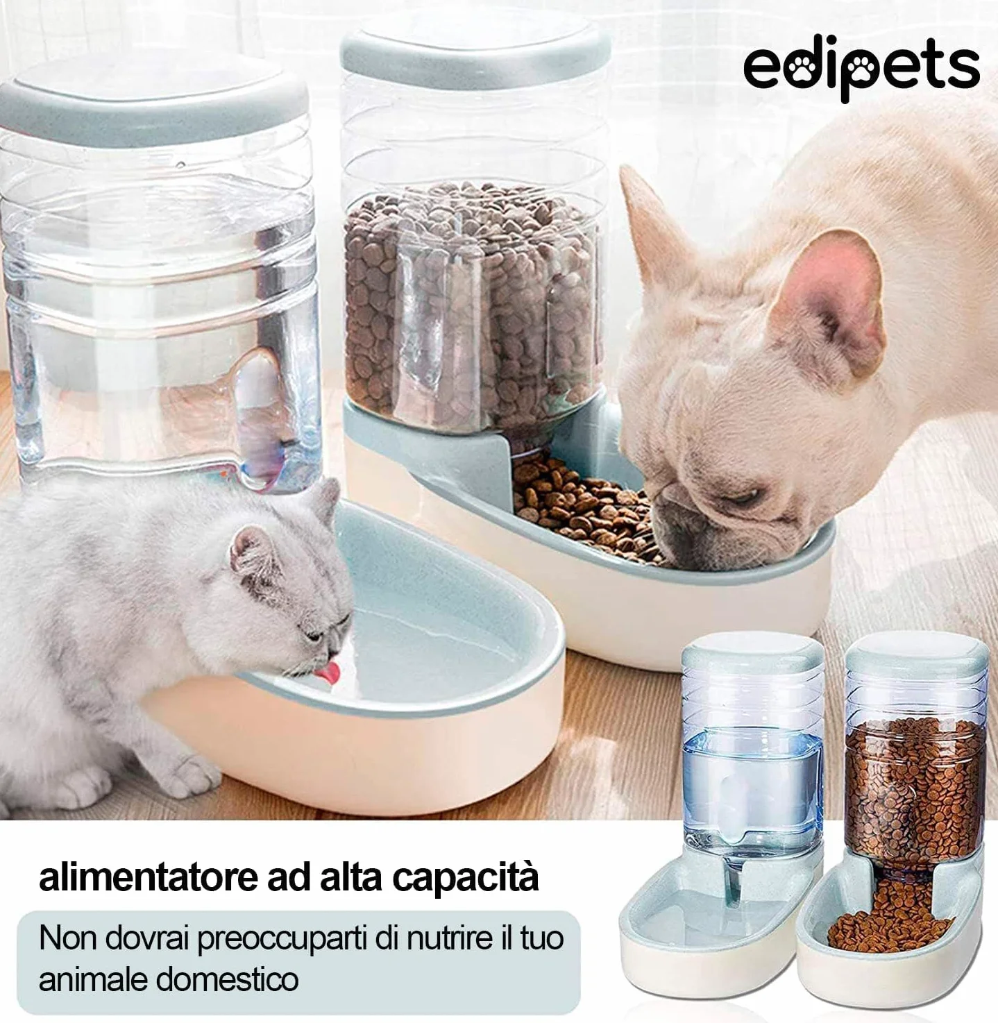 Edipets, Dispenser Cibo Gatti, Cani, Automatico, 2 Unità, 3.8L, Dispenser di Crocchette e Acqua per Animali Domestici (Grigio)