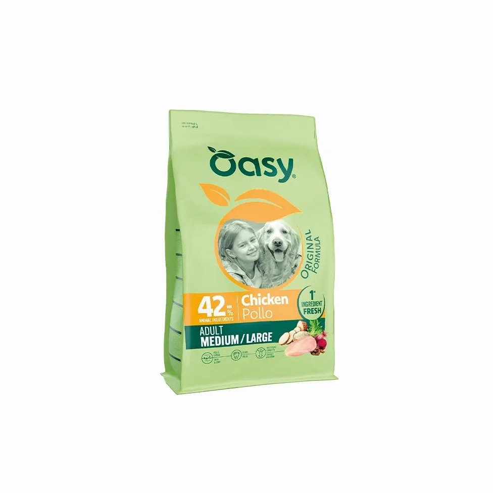 Oasy Cane Adult Medium/Large Pollo 12kg, alimento completo per cani adulti di taglia media e grande gusto Pollo, crocchette per cani,12kg.