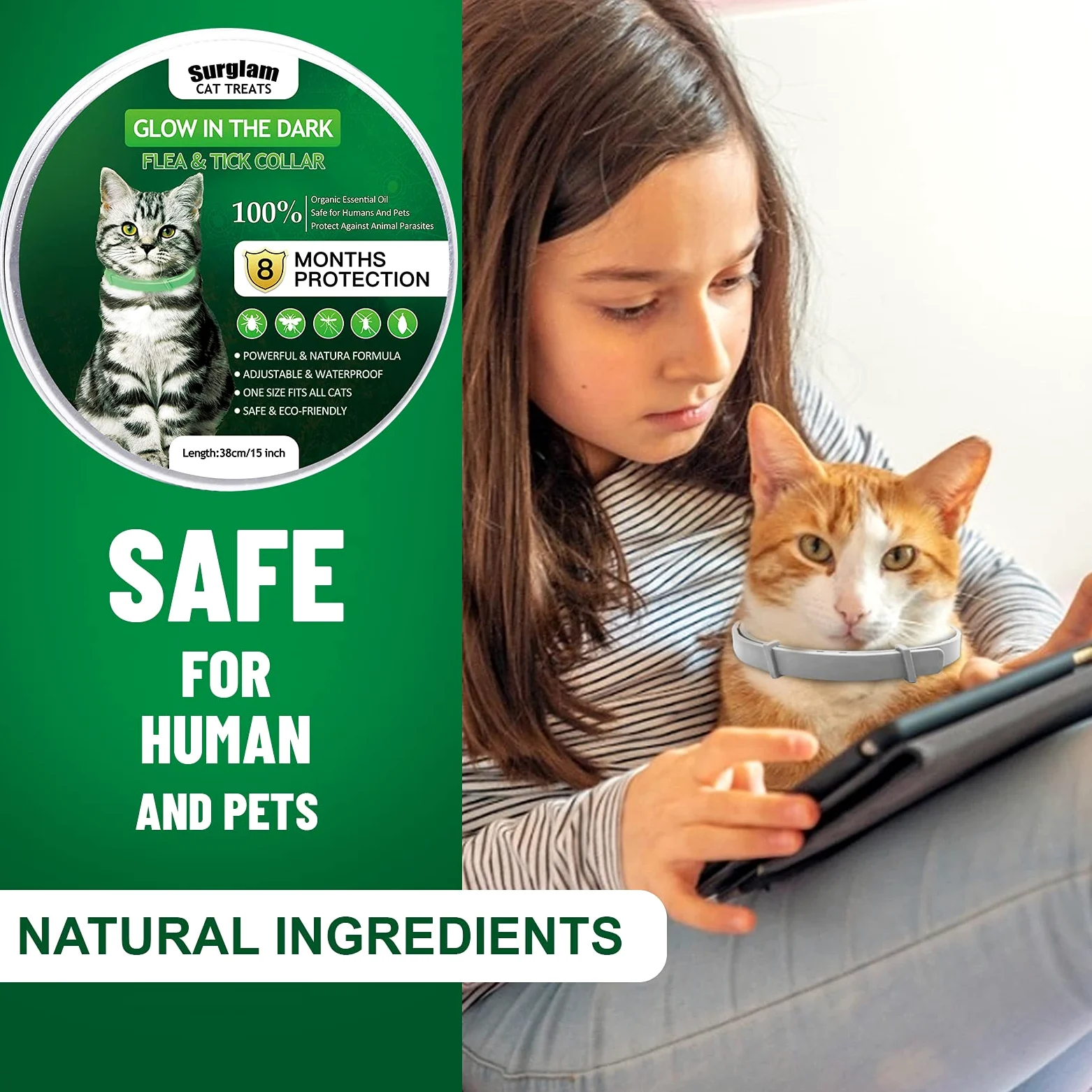 Collare Antiparassitario per Gatti, Collare Antipulci per Gatti Impermeabile Regolabile Naturale con Protezione di 8 Mesi, Si Illumina al Buio, Soluzione Sicuro Contro i Parassiti per Gatto