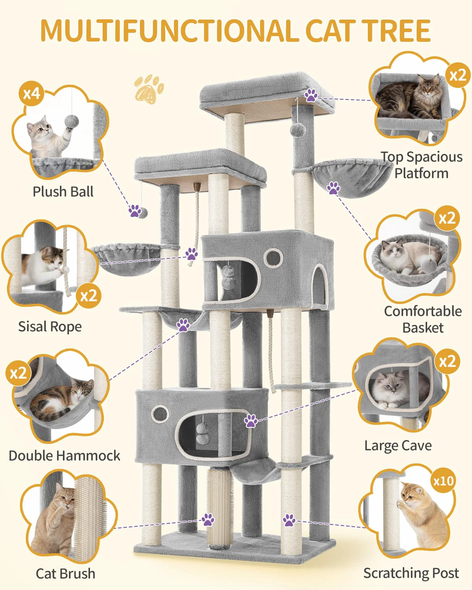 Hzuaneri Albero Tiragraffi Grande per Gatti, Torre per Gatti da Interno 213 cm con 2 Piattaforme XL, 2 Grotte, 10 Pali in Sisal, 2 Amache e Massaggiatore, per Maine Coon, Grigio Chiaro, MS21418LG
