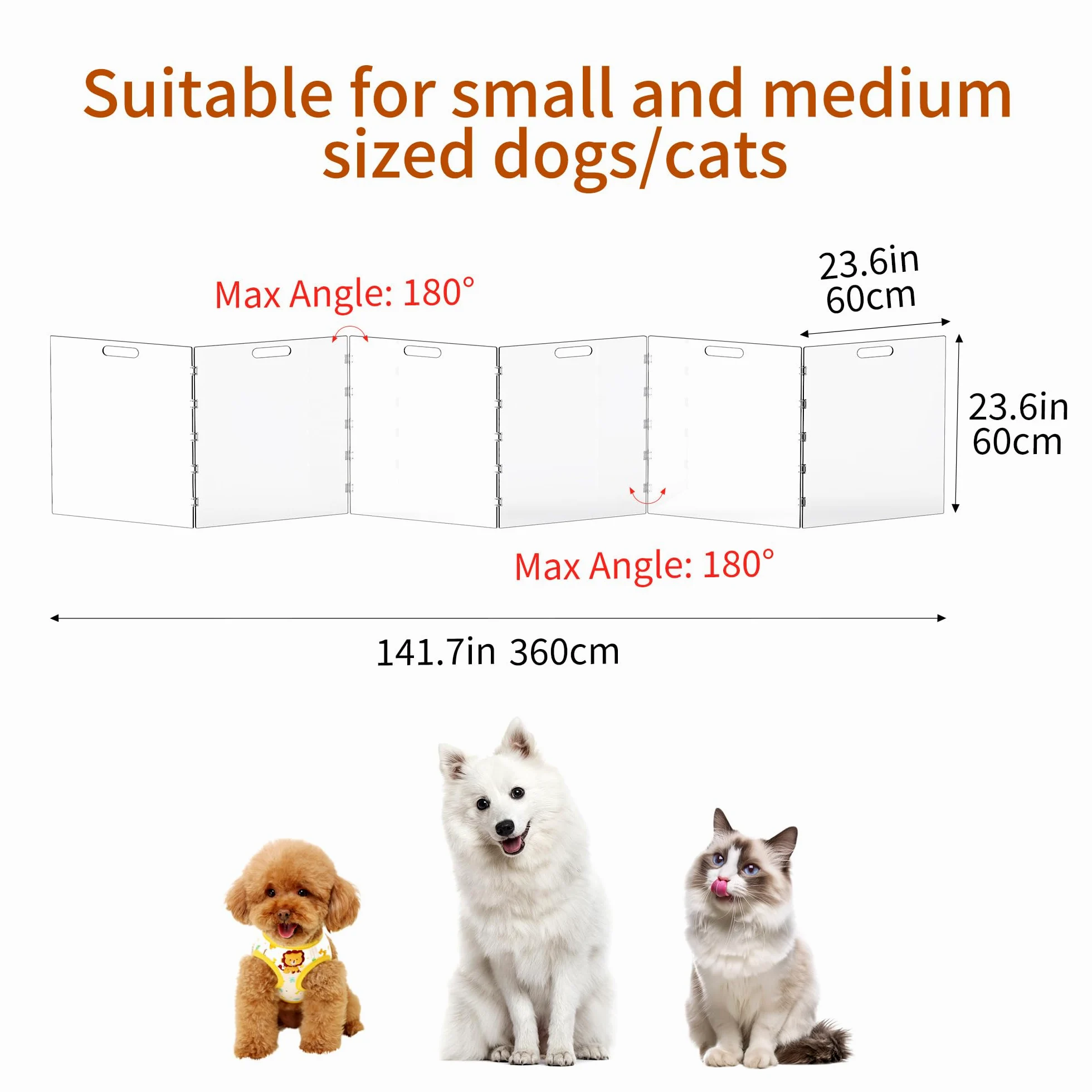 Cancello per cani in acrilico trasparente, cancello indipendente per porte interne, box pieghevole in acrilico per cani, senza fori, trasparente, 6 pannelli