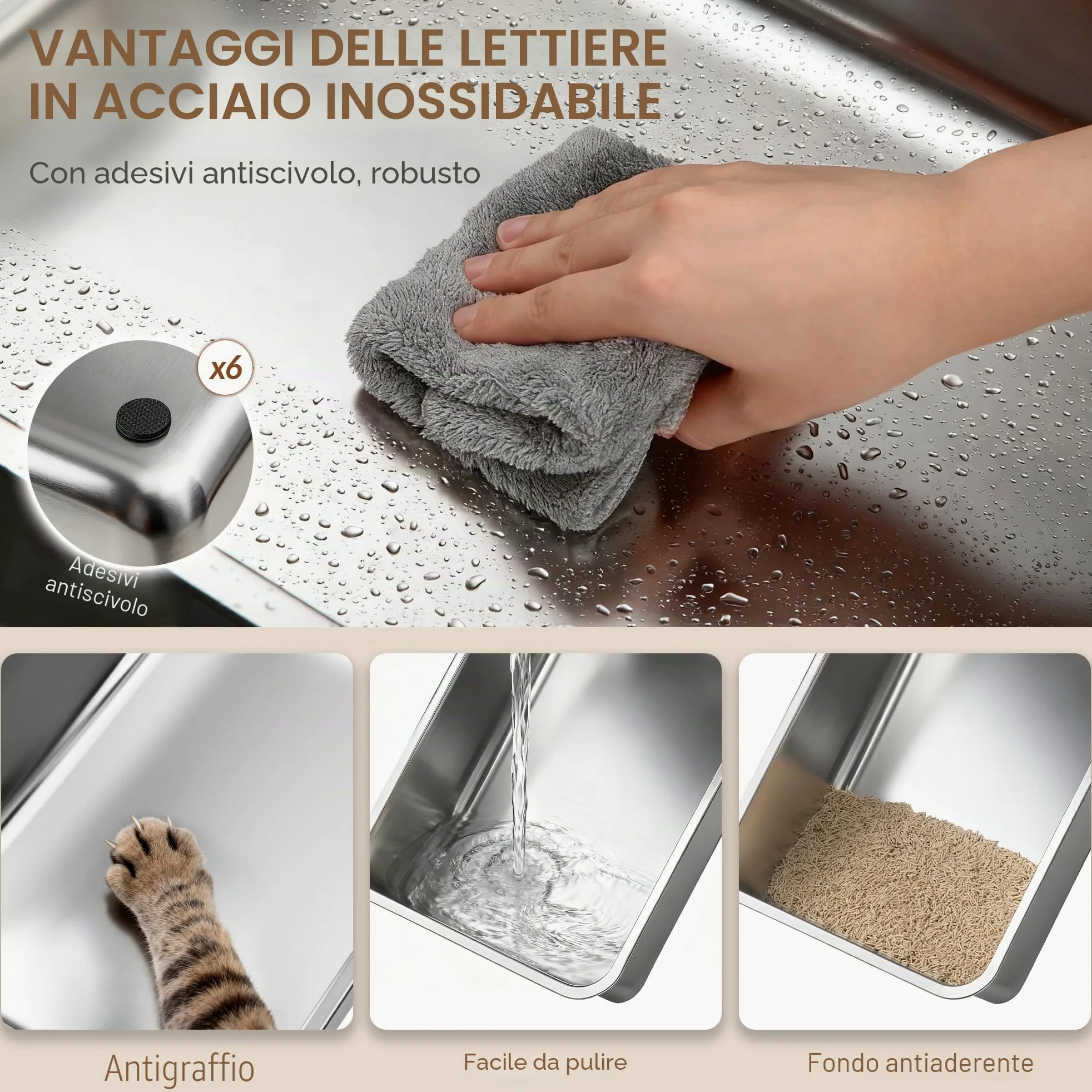 Lettiera Acciaio Inossidabile con Coperchio, XXXL Lettiera Gatto Chiusa, 70 x 50 x 42 cm, 105° coperchio incernierato, Include Pedale e Paletta, Design Modulare, Due Porte, Grigio Scuro