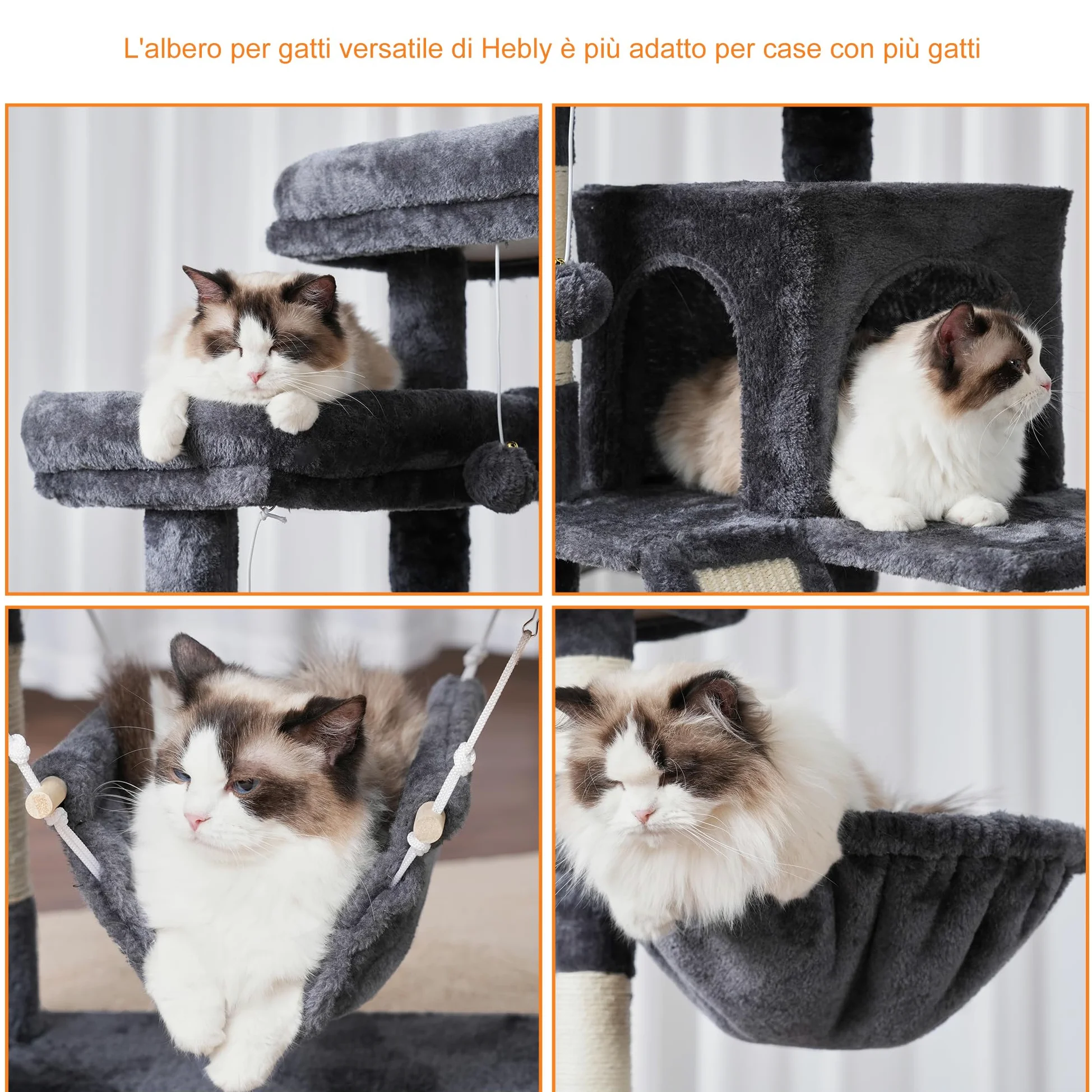 Heybly Albero Per Gatti, Torre 180 cm, 2 Piattaforme, 2 Capanne, 2 Amache, Pannello Per Sgualabocche. Grande Mobile Per Gatti Con Spazio Dormire, Grigio Fumo HCT034G