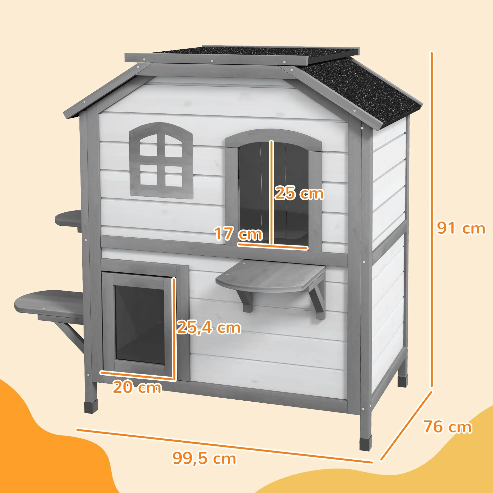 PawHut Casetta per Gatti Con Tetto in Asfalto, da Esterno Con Scale, Villa a 2 Piani, Impermeabile, da Giardino, in Legno di Abete, Bianco, 78 x 55,5 x 91 cm