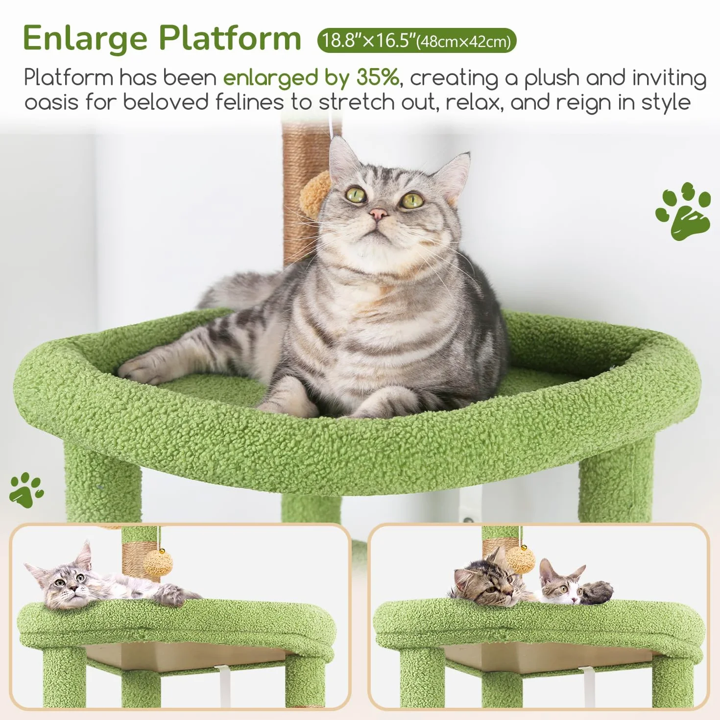 Globlazer Tiragraffi Cactus Verde per Gatti Grandi Alto 165cm con 2 Grandi Imbottiti Piattaforma 48*42CM, Extralarge Amaca, Grotte, Trespoli, Albero Torre Stabile con Supporto per Gatto (S65, Verde)