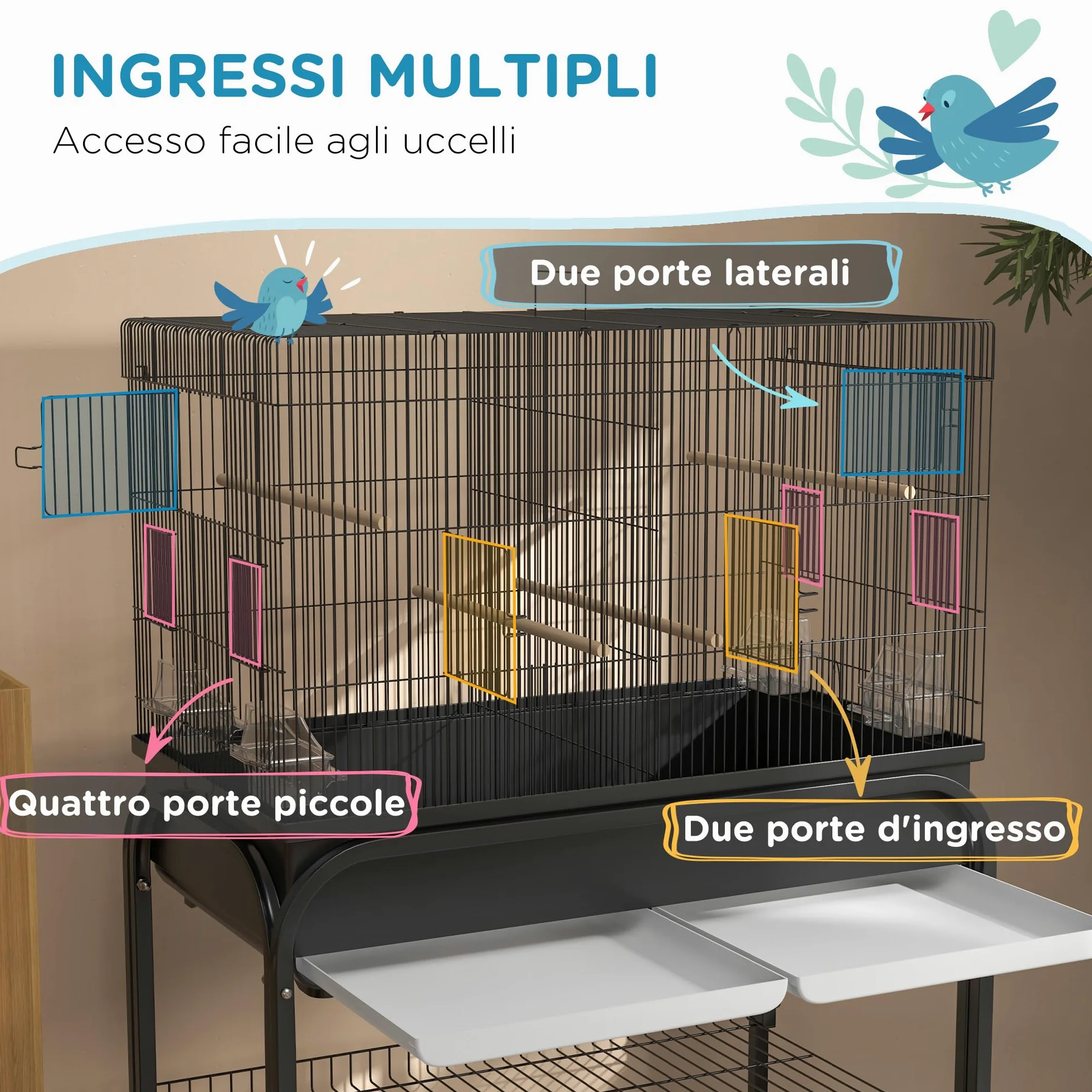 PawHut Gabbia per Uccelli da Interno con Vassoio, Ripiano e Ruote, Voliera in Acciaio per Cocorite, Canarini, Calopsitte e Pappagalli, 85x49x119 cm, Nero