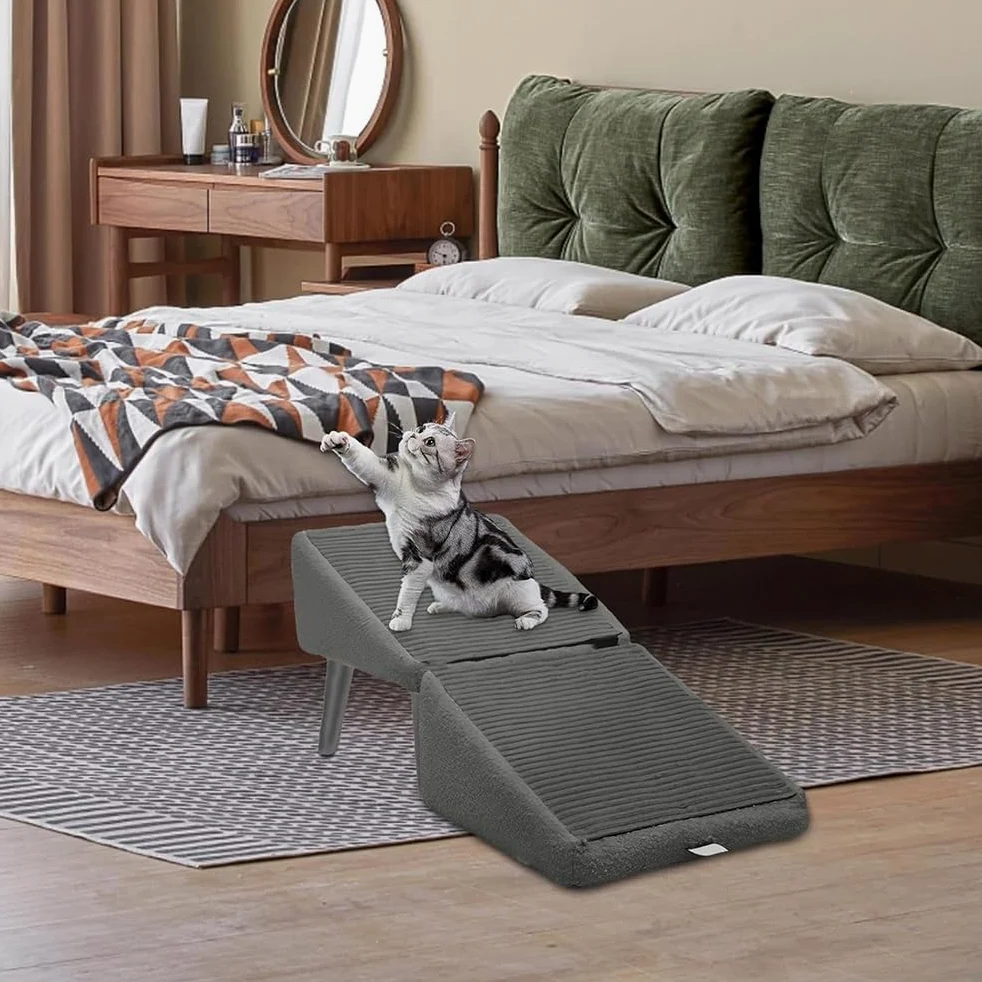 Rampa per animali domestici, pieghevole, non scivolosa per cani di piccola taglia e gatti, gradini per cani leggeri e pieghevoli, per letto a soppalco e divano Pet Ramp (grigio, M)