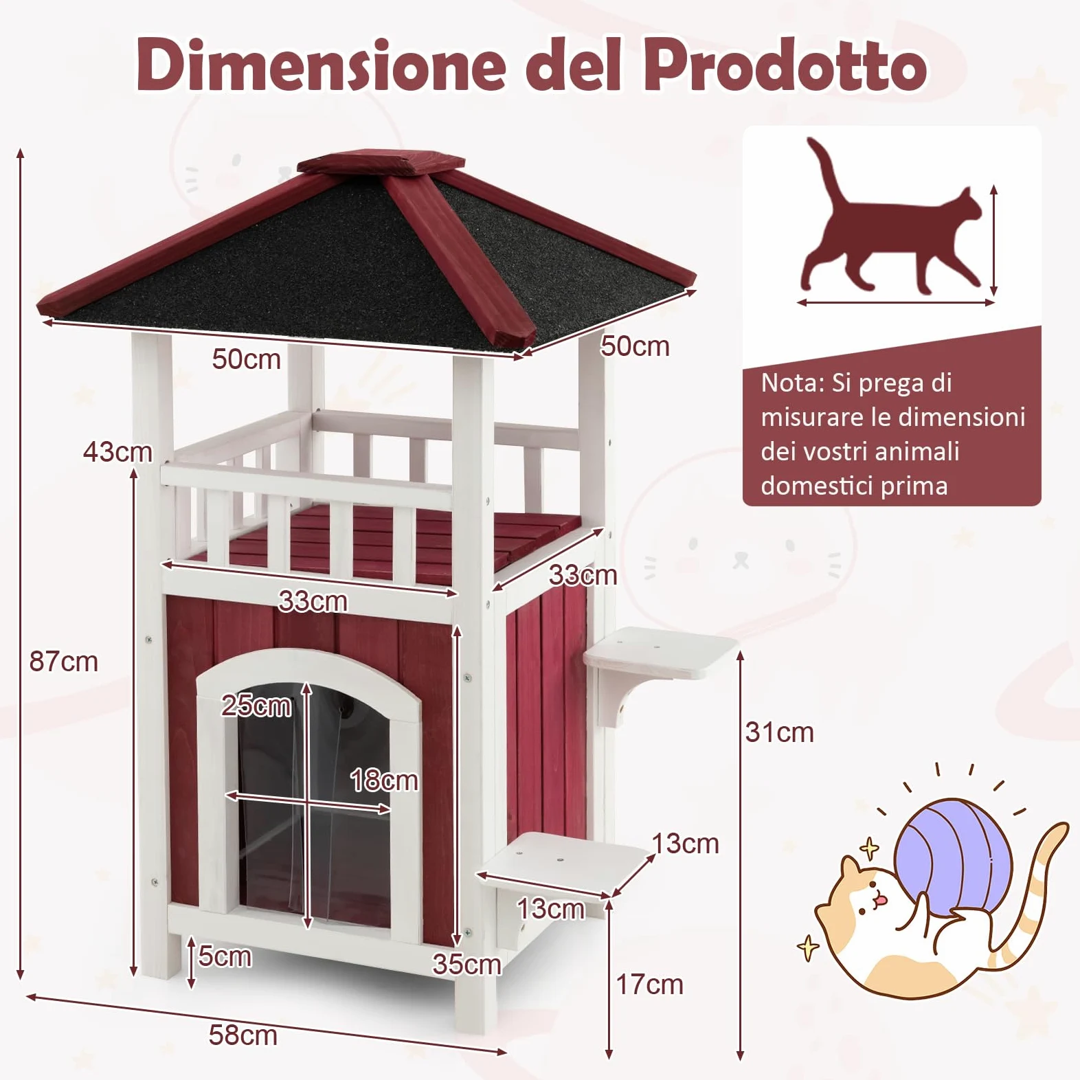 COSTWAY Cuccia per Gatti da Interno ed Esterno, Gasetta per Gatti in Legno a 2 Livelli con Tetto in Asfalto e 2 Piattaforme per Saltare, Casa per Gattini Impermeabile, 58 x 50 x 87 cm