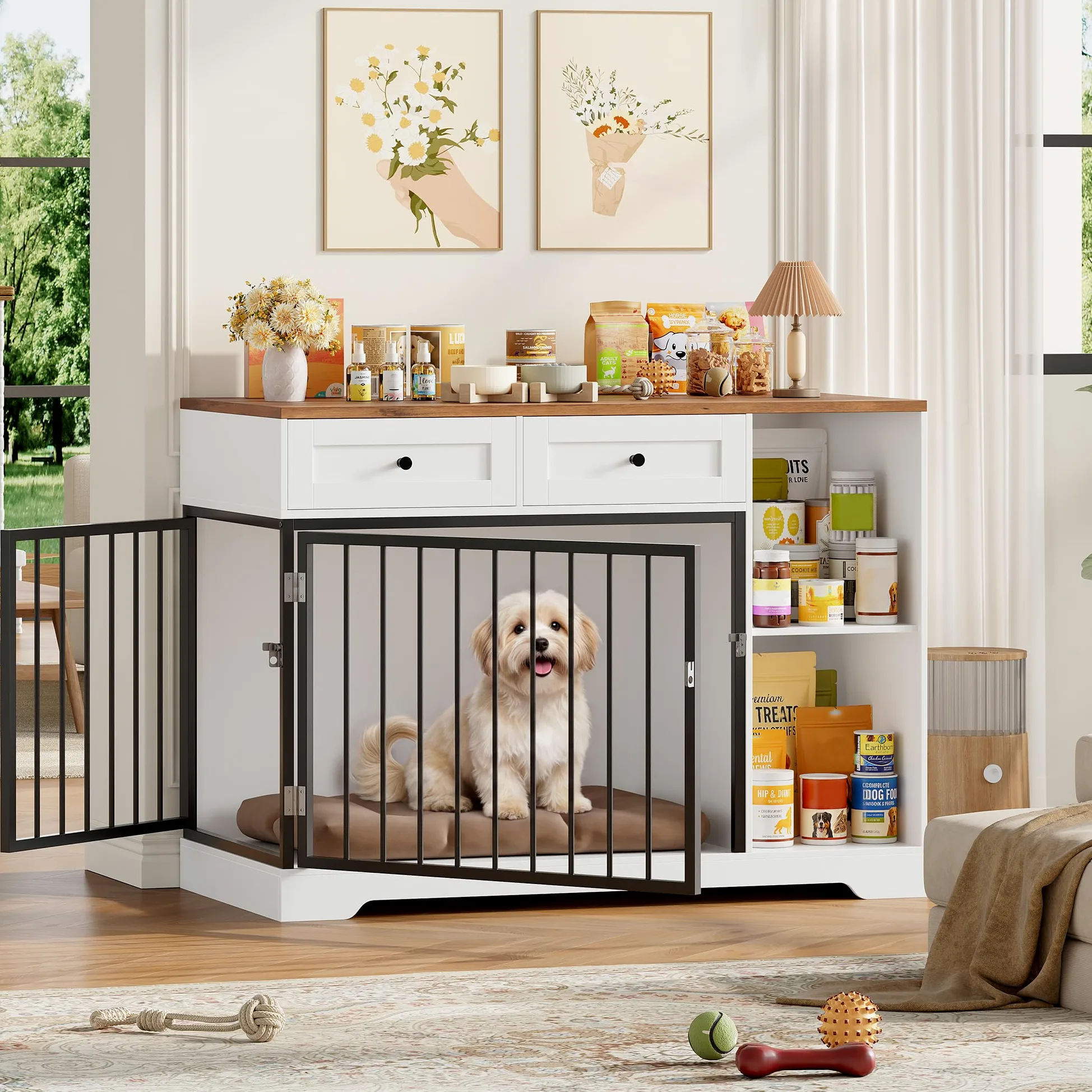 FirFurd 120cm Gabbia per Cani con 2 Porte, Kennel Cane Medio con 2 Cassetti e 2 Scomparti Aperti, Cuccia in Stile Mobili con Stoccaggio in Metallo e Legno, 120x60x87 cm (Bianco+Marrone)