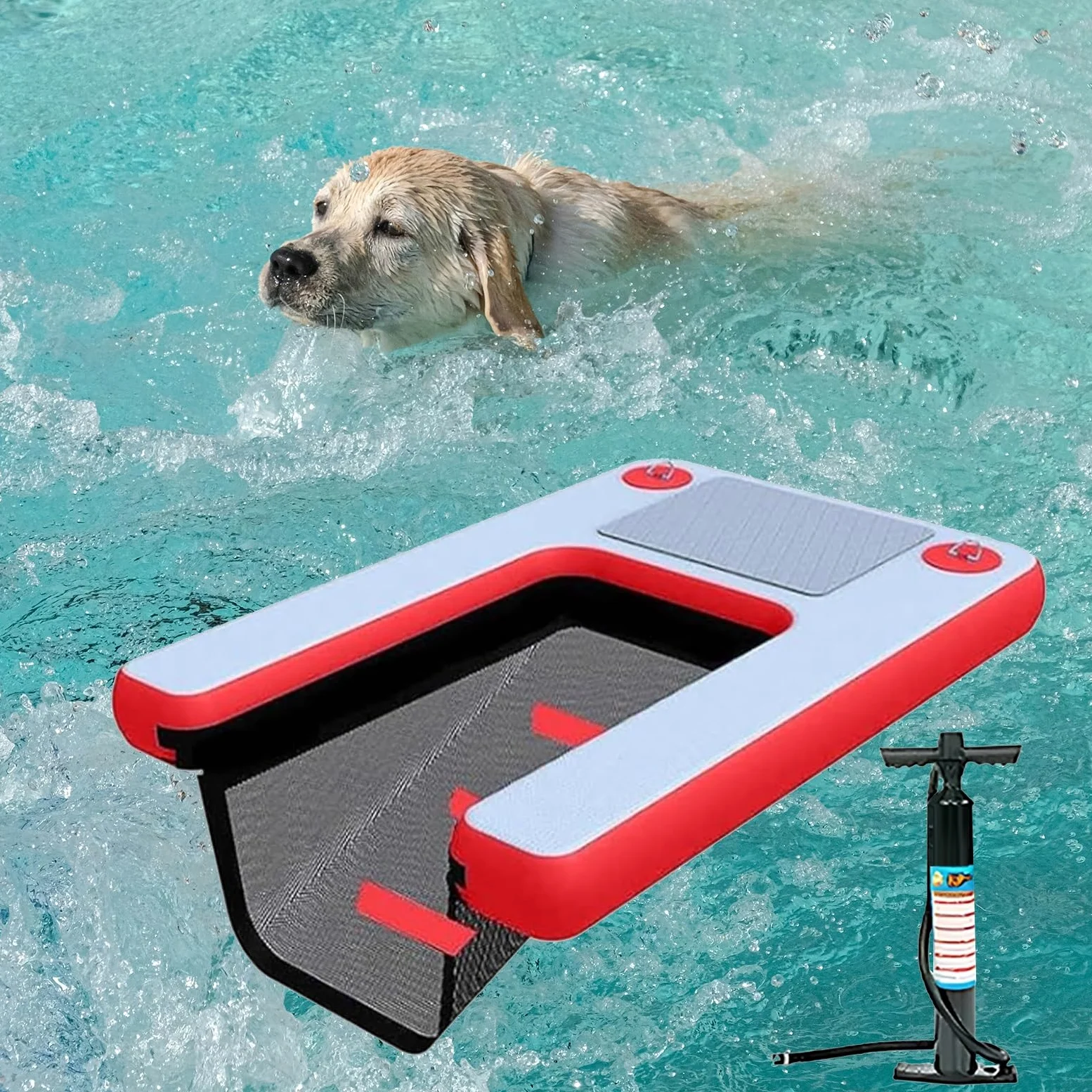 Rampa galleggiante per cani, piattaforma gonfiabile per animali domestici, con gradini antiscivolo, scala per acqua per piscina e barca