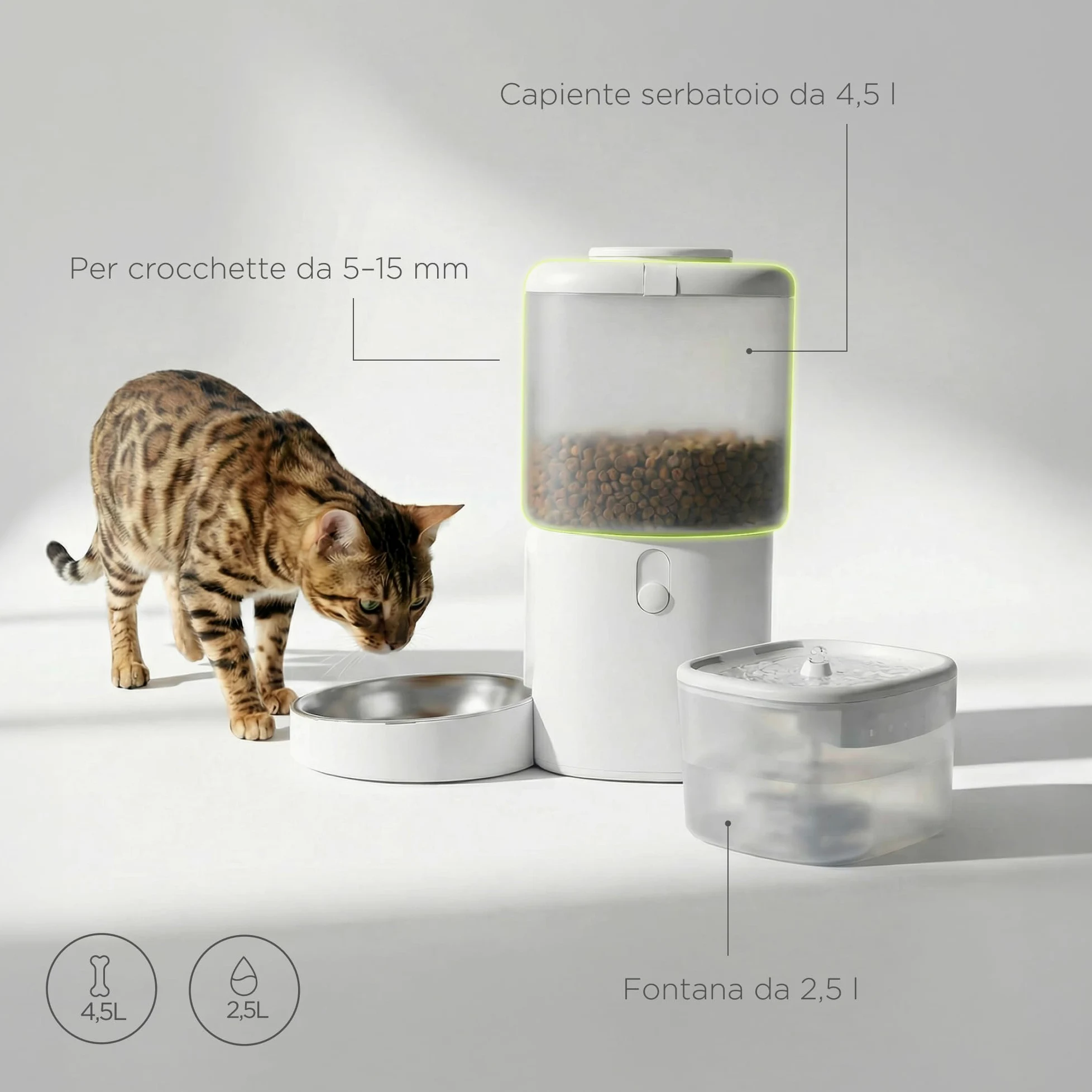 FEAST Distributore Automatico Cibo Gatti con WiFi e Videocamera, Dispenser Crocchette Gatto 4,5 L con Ciotola, Porzioni Programmate, Fontana 2,5 L, Distributore Automatico Cibo Cani (Bianco)