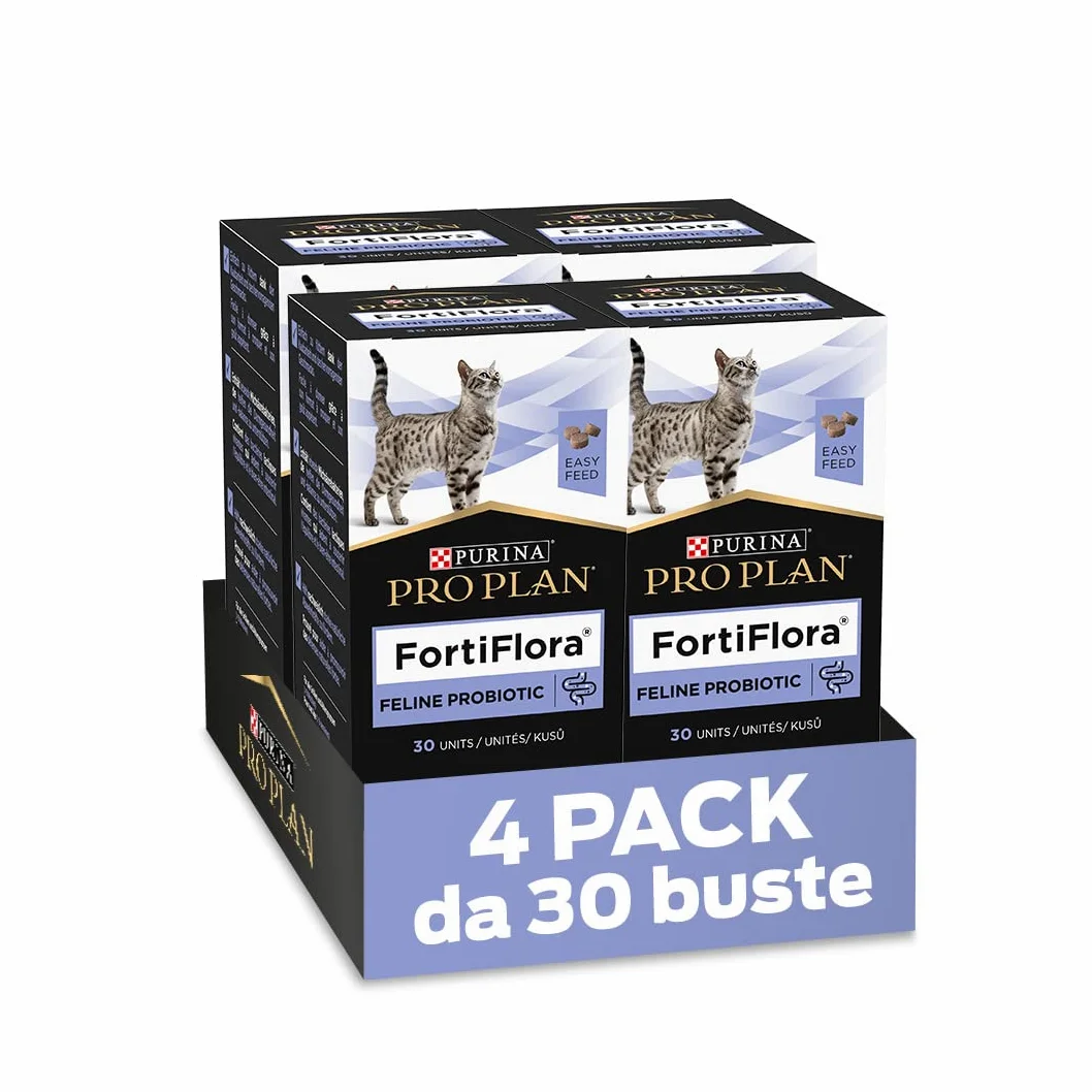 Pro Plan Forti Flora, mangime complementare per gatti per sostenere la salute intestinale, con probiotici, confezione da 4 (4 x 30 compresse masticabili)