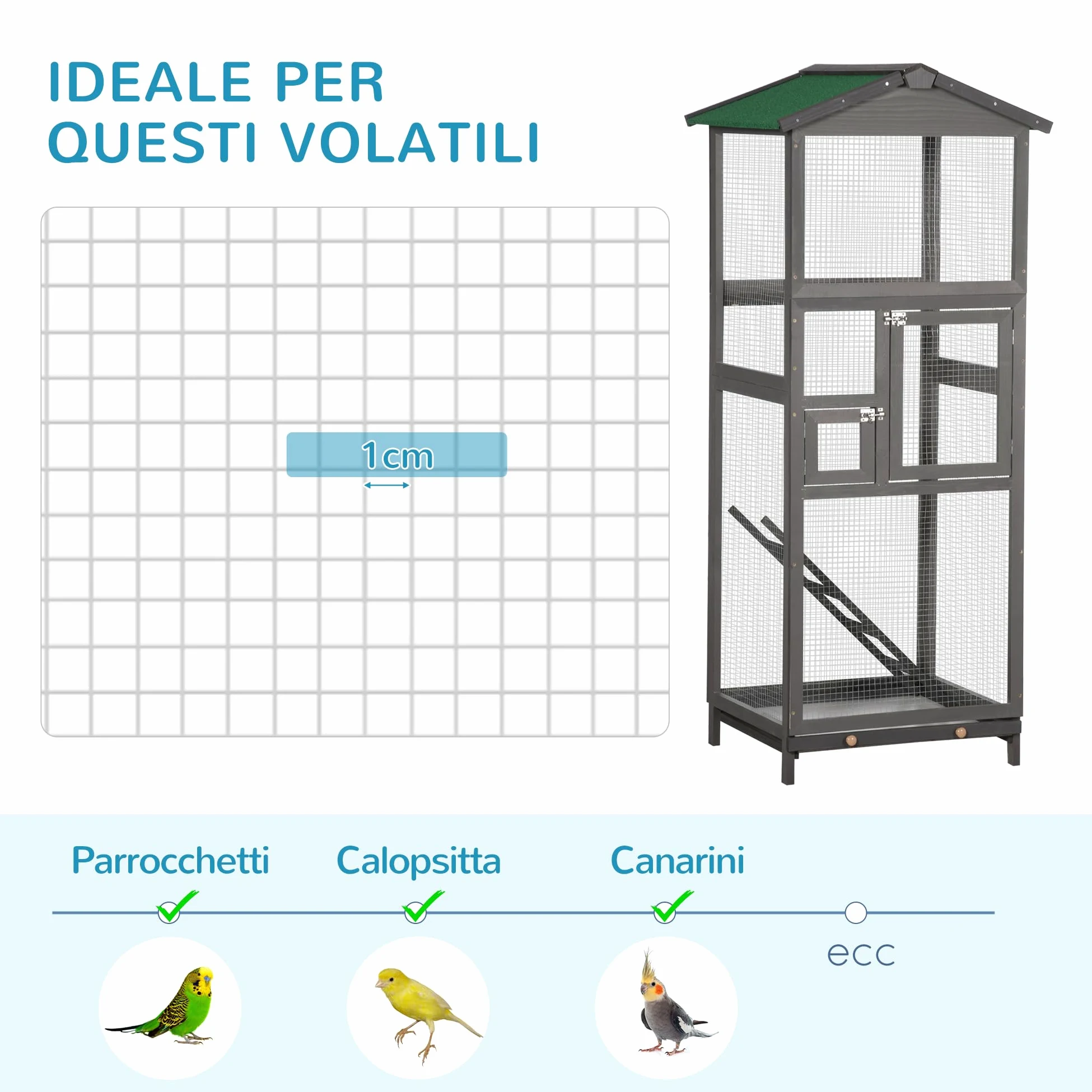 PawHut Gabbia per Uccelli in Legno di Abete e Rete Metallica, Voliera per Uccelli da Esterno con 2 Porte, Tetto in Asfalto e Vassoio Estraibile, 68x63x165 cm, Grigio Chiaro