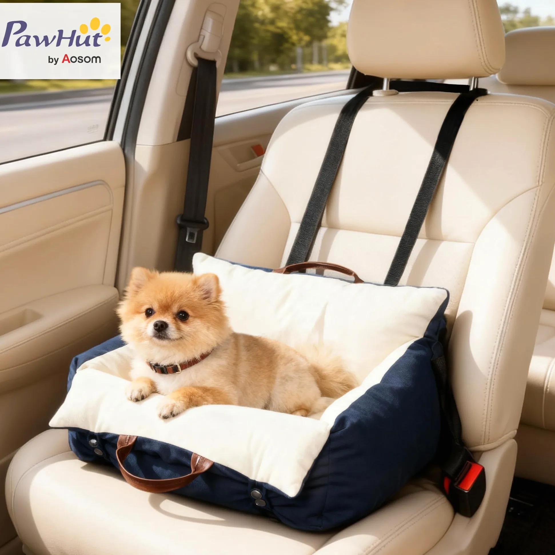 PawHut Seggiolino Auto per Cani Piccoli con Guinzaglio di Sicurezza, Lettino per Cani da Viaggio e Trasportino per Animali Domestici, Sfoderabile e Lavabile, Blu Navy