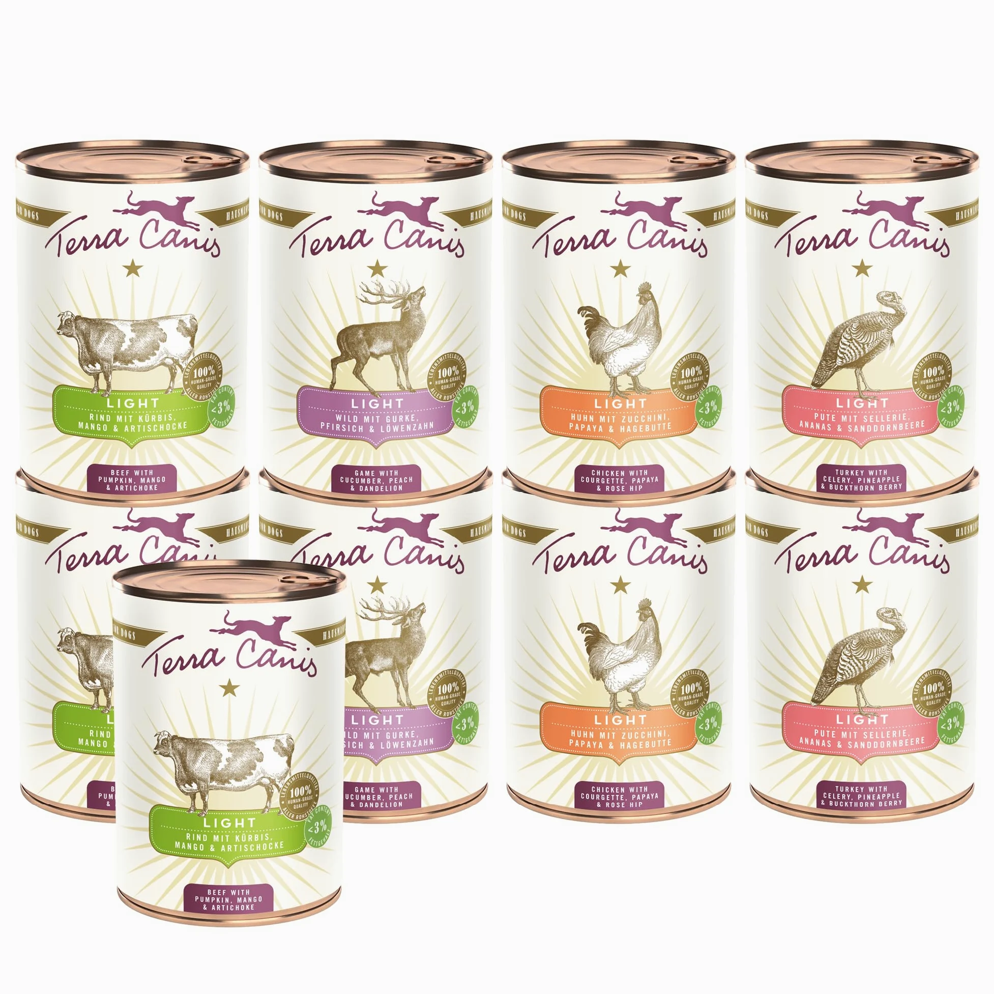 Terra Canis Pacchetto di conoscenza Light, cibo umido per cani, 9x400g | Materie prime di qualità alimentare al 100%, linea Light ricca e sana, povera di allergeni e senza glutine