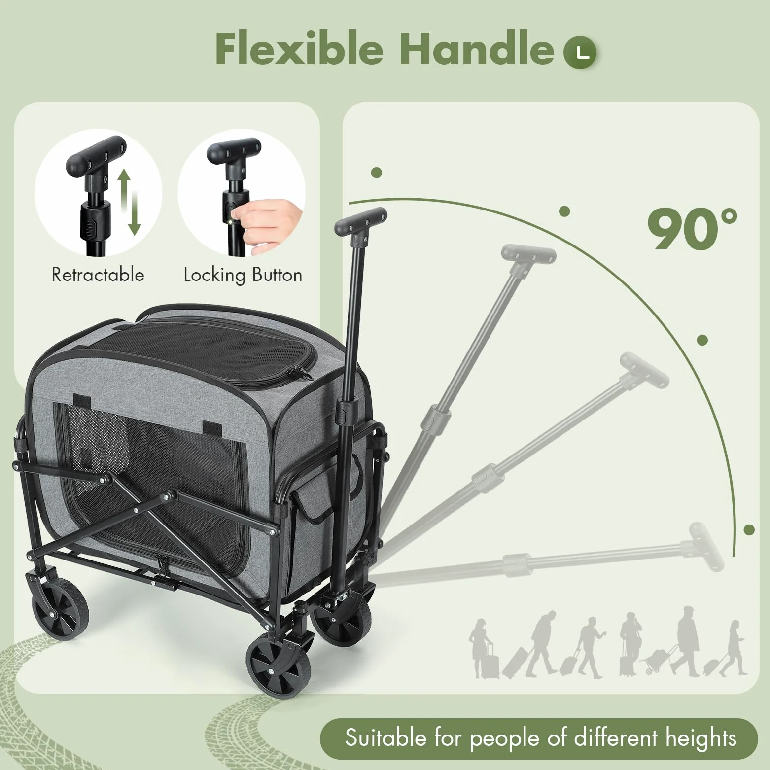 Trasportino per Cani Gatti con Ruote, Trasportino Gatto con Manico Telescopico e Base Rimovibile, Carrello Animali Rotolante Carico Massimo 18 kg con Grandi Ruote per Tutti Terreni, Grigio