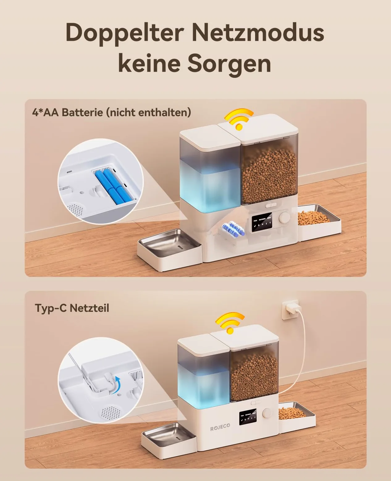 ROJECO Distributore Cibo Gatti Automatico 2-in-1 con Wi-Fi APP, 5L Crocchette + 3.5L Acqua a Gravità, Mangiatoia e Abbeveratoio per Gatti