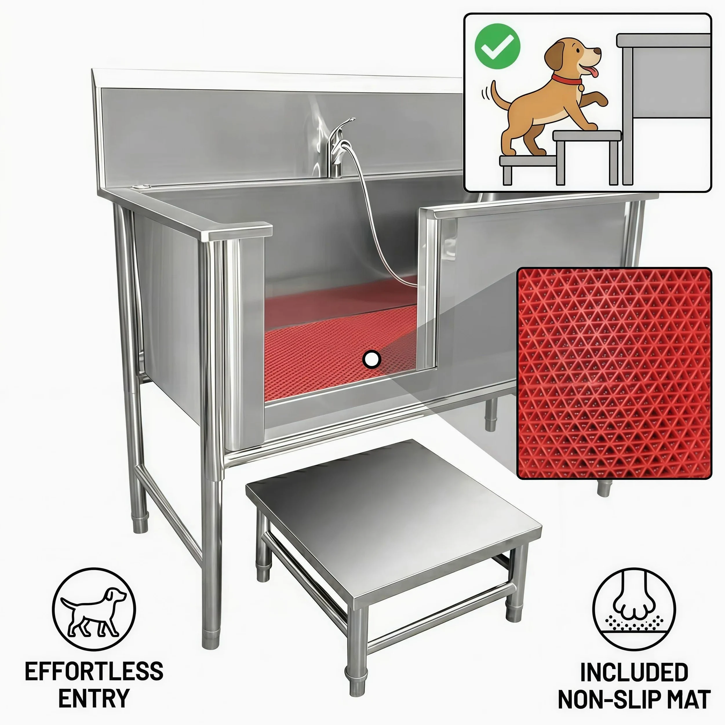 Vasca da Bagno per Cani in Acciaio Inox 304, Vasca Toelettatura Professionale con Pedana di accesso e Porta Scorrevole, Stazione Lavaggio Cani Antiscivolo con Miscelatore fino a 100 kg (47.24in)