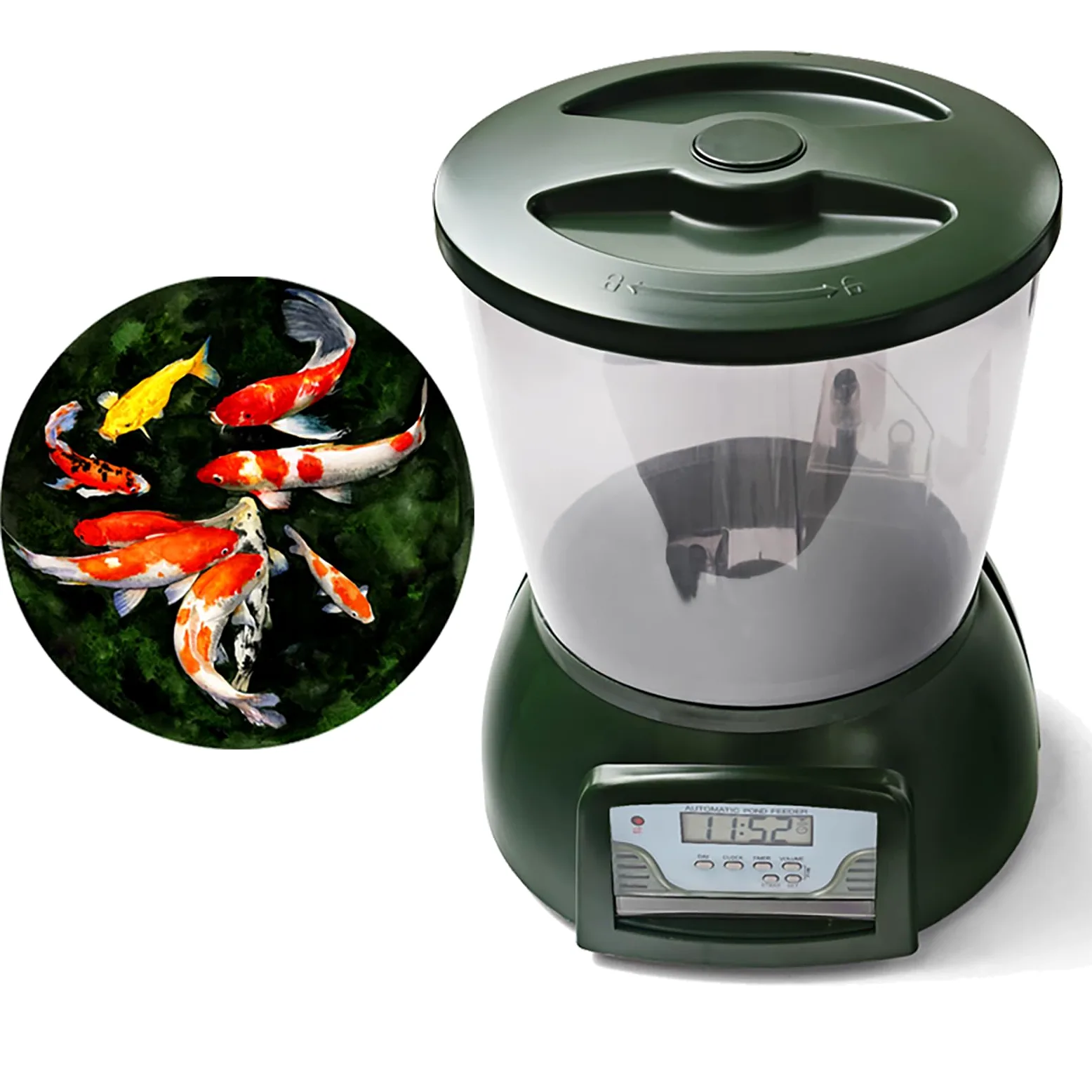 4.5L Pond Fish Feeder, Mangiatoia automatica laghetto, Distributore cibo per pesci per vacanze e clima caldo o freddo -alimentato a batteria