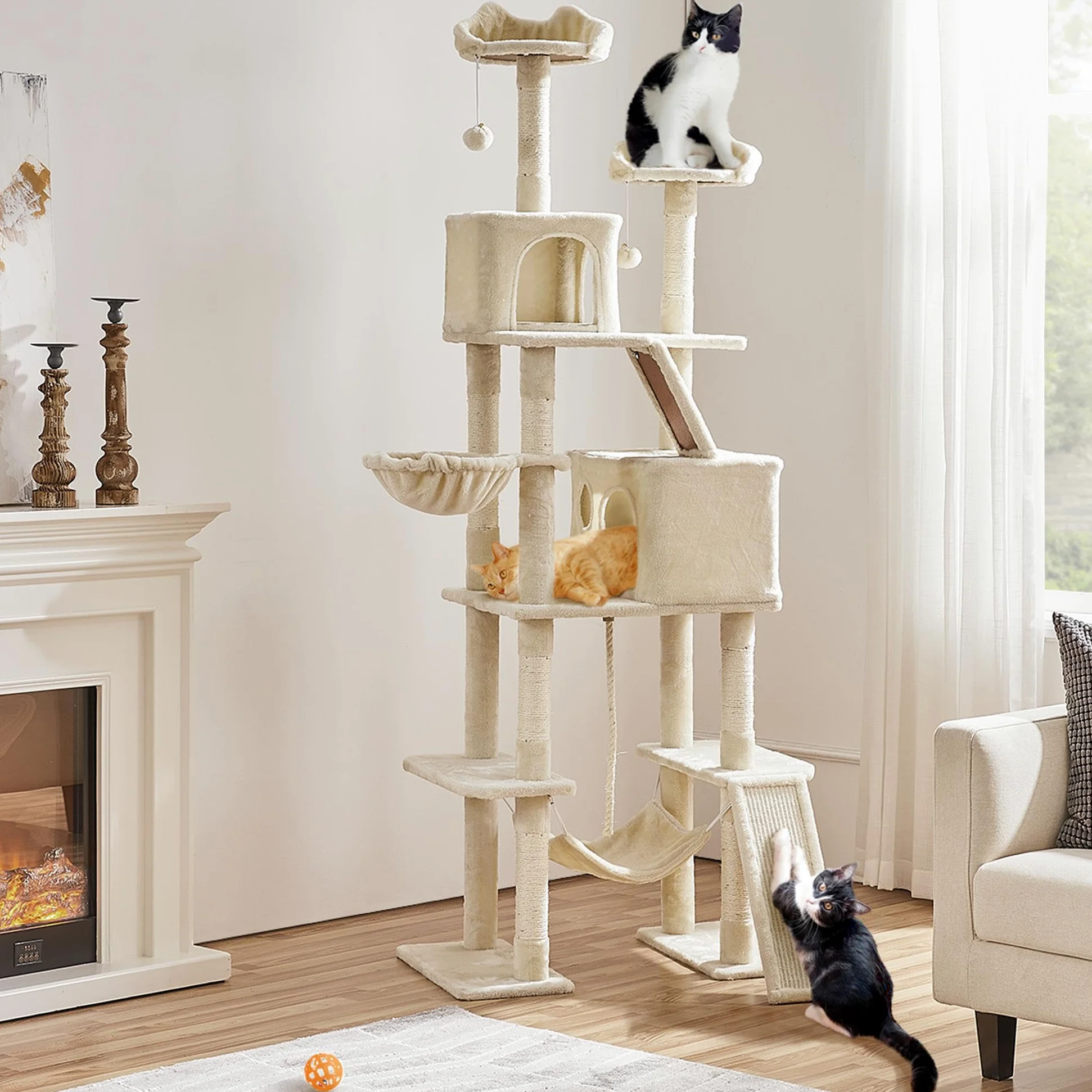 Yaheetech Albero Tiragraffi per Gatti Altezza 209 cm in Truciolato e Corda in Sisal con Condomini Posatoi e Amaca per Gioco e Pisolini Multilivello Beige