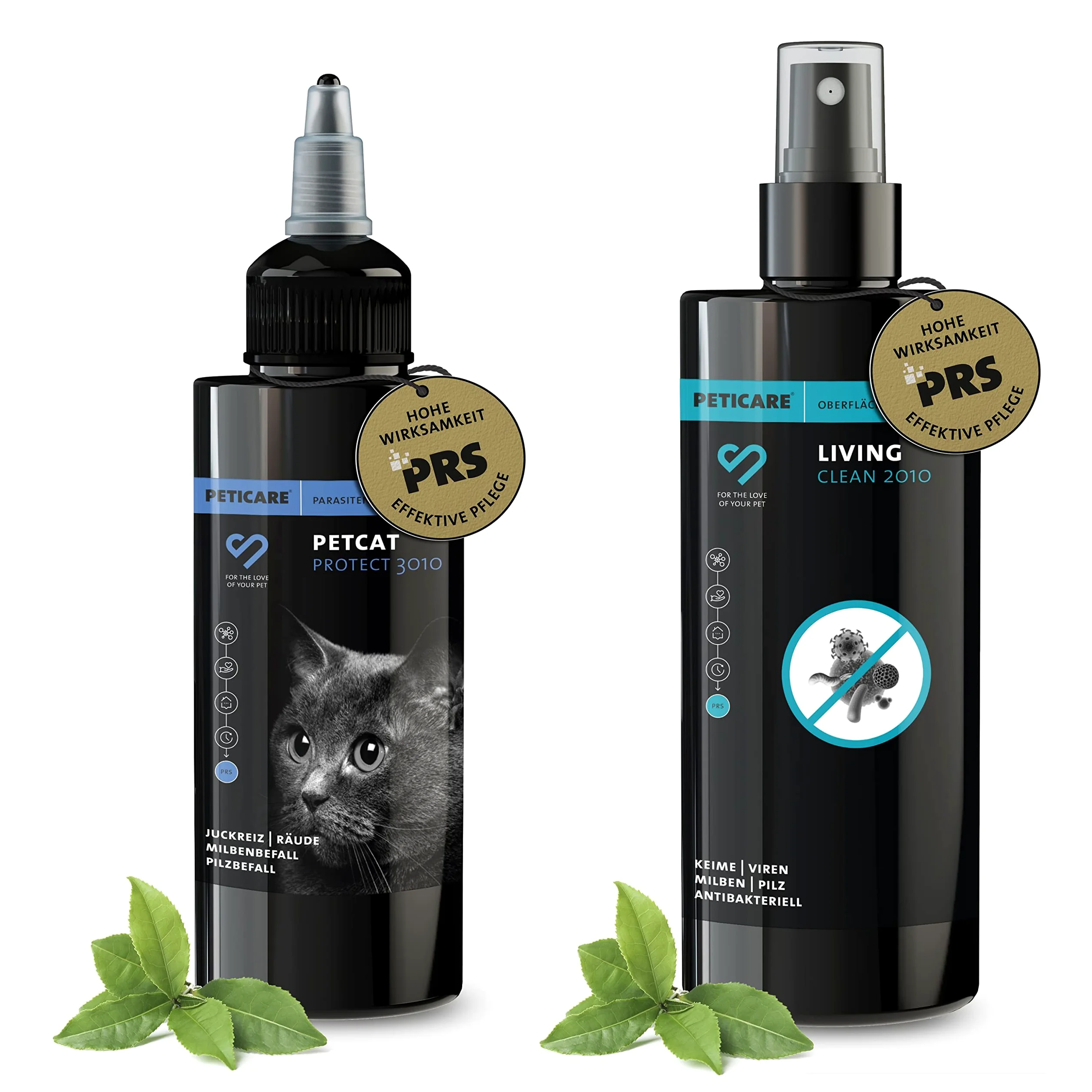 Peticare Cura-Set Gatti Contro Prurito, Acari, Pulci, Funghi - Cura Lozione 100 ml & 250 ml Disinfettante, Disinfettante Spray Contro Acari Funghi - Set 2136