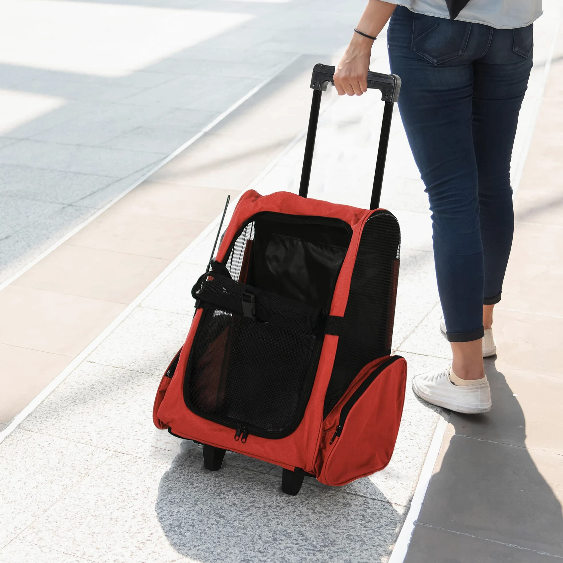 PawHut Trasportino Zaino 2 in 1 per Cani e Gatti con Tasche Laterali, Maniglia Telescopica e Ruote, 42x25x55cm, Rosso