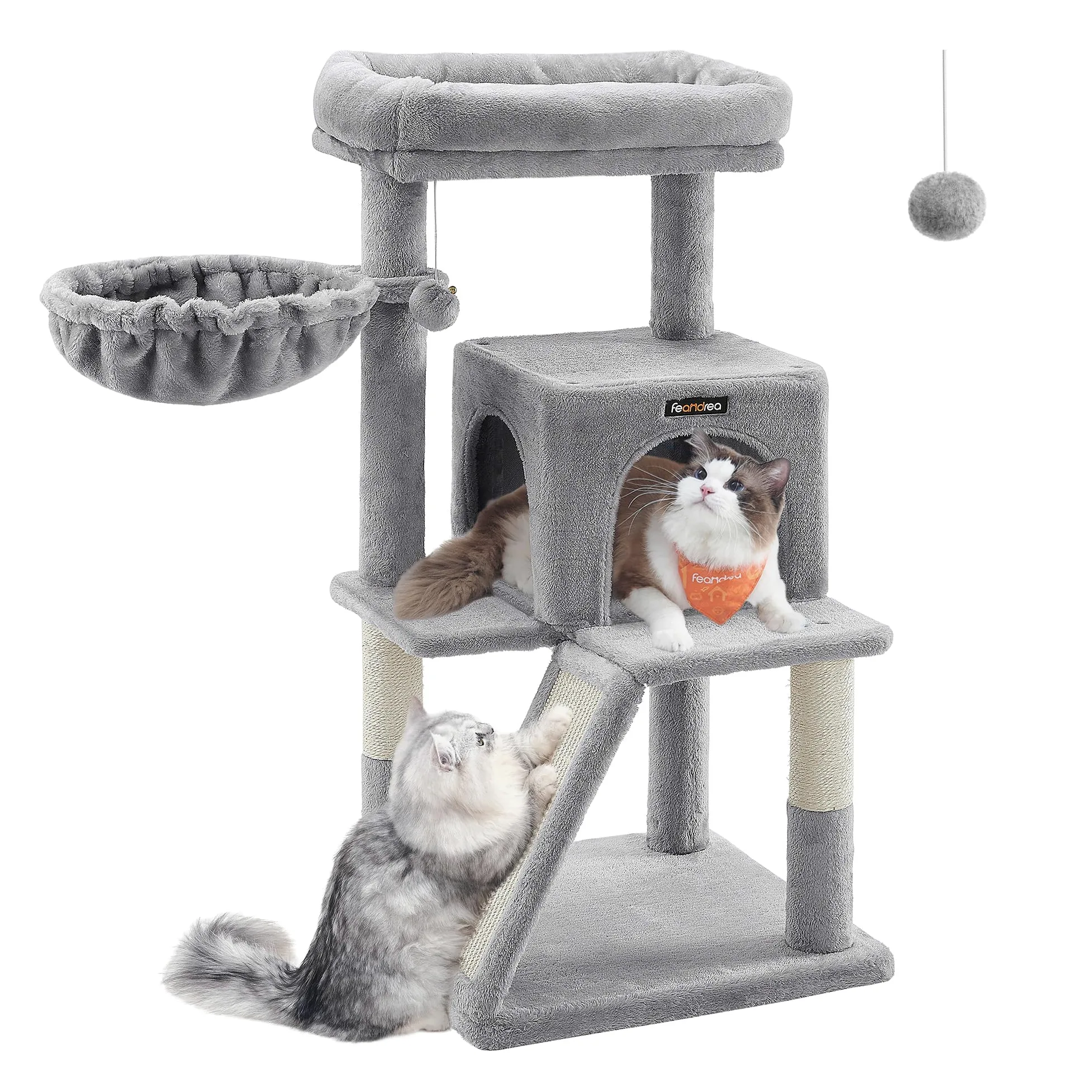 Feandrea Albero per Gatti, Tiragraffi per Gatti, Pali e Rampa Graffiatoio in Sisal Naturale, 2 Pompon Sospesi, Grotta, Cesto, Trespolo di Peluche, Grigio Chiaro PCT51W