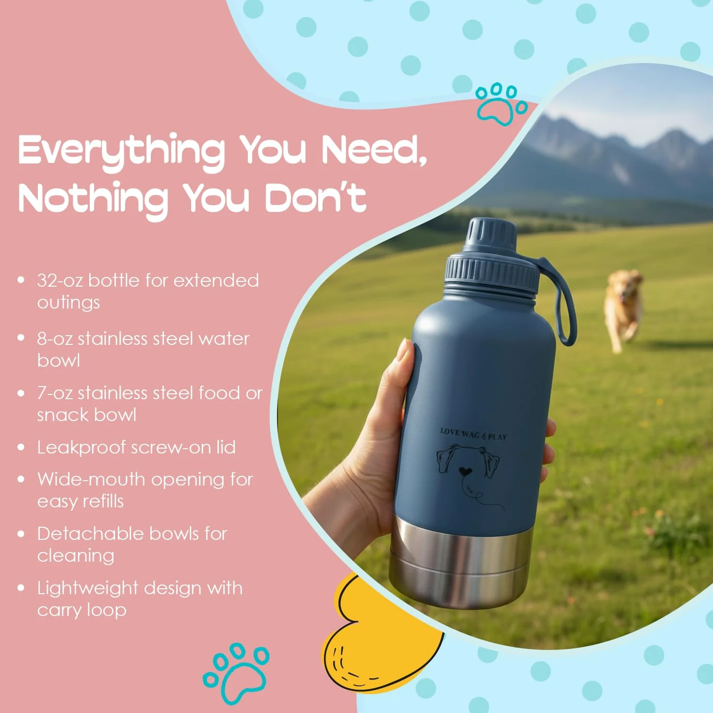 LOVE WAG & PLAY Borraccia per cani da 32 once – Borraccia portatile 2 in 1 per animali domestici, con ciotole integrate, a prova di perdite, senza BPA, per escursioni, passeggiate, uso esterno (blu