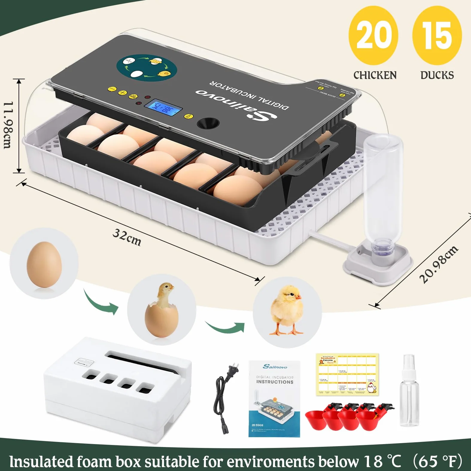 Sailnovo Sailvono 20 Incubateur entièrement automatique, avec ajout d'eau externe, contrôle de la température, éclairage LED, retournement automatique des œufs, de poules - Noir