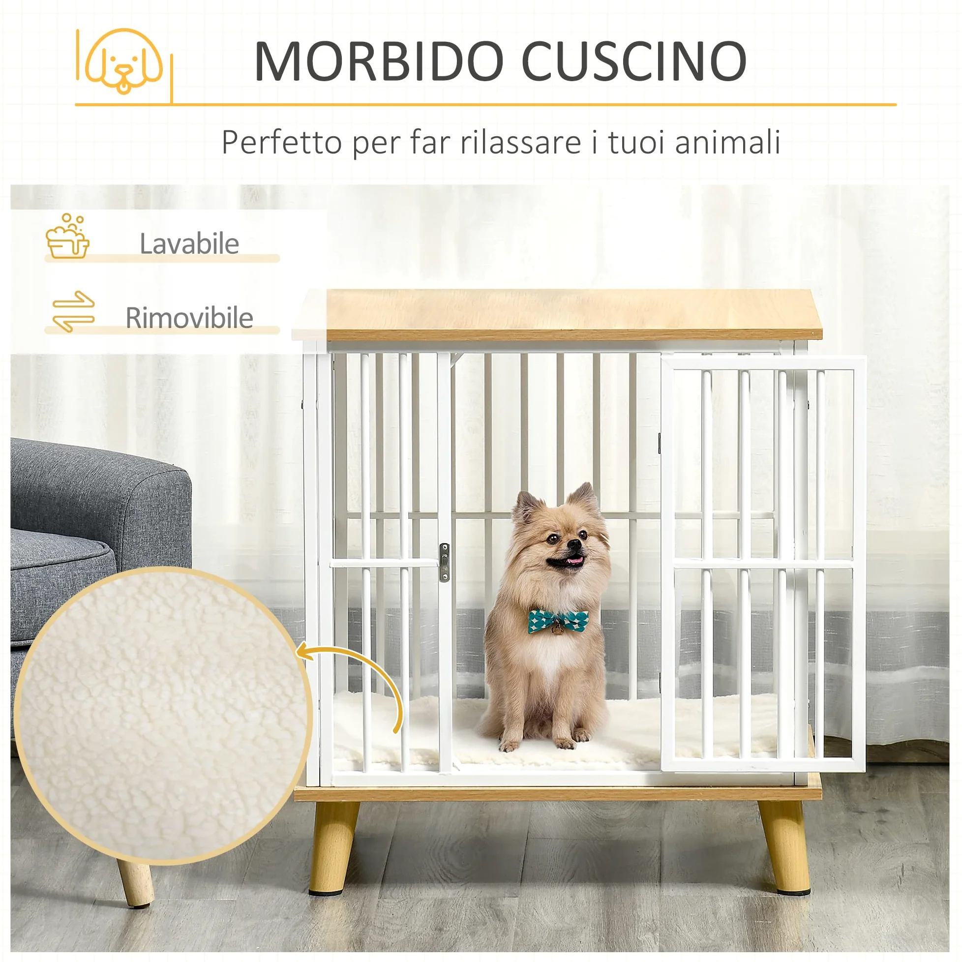 PawHut Casetta per Cani da Interno in Legno e Acciaio, Kennel con Cuscino Rimovibile e Lavabile per Cani di Piccola Taglia, Quercia