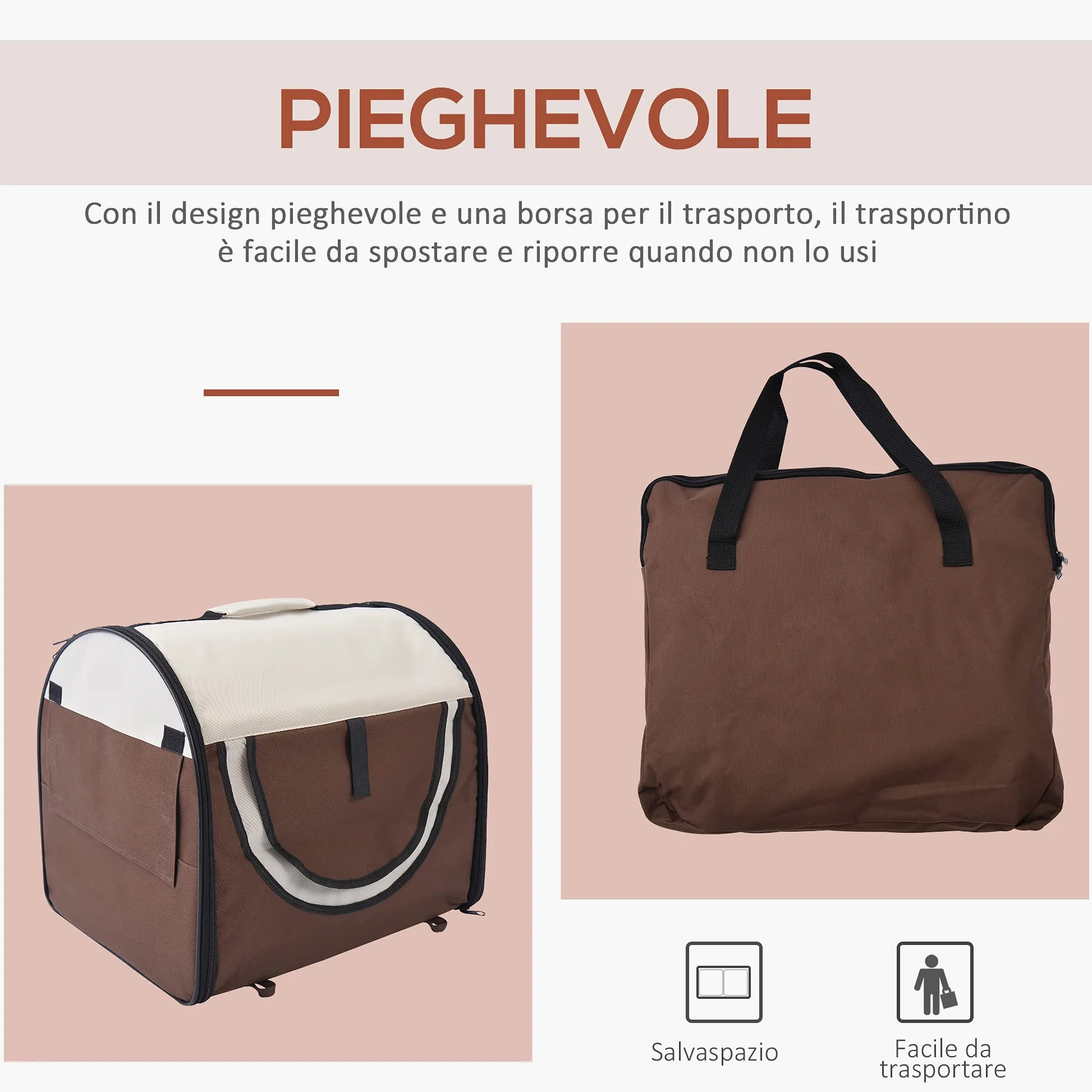 PawHut Trasportino Gabbia da Trasporto per Cani Gatti e Animali Domestici Pieghevole, 61x46x51cm, Caffè