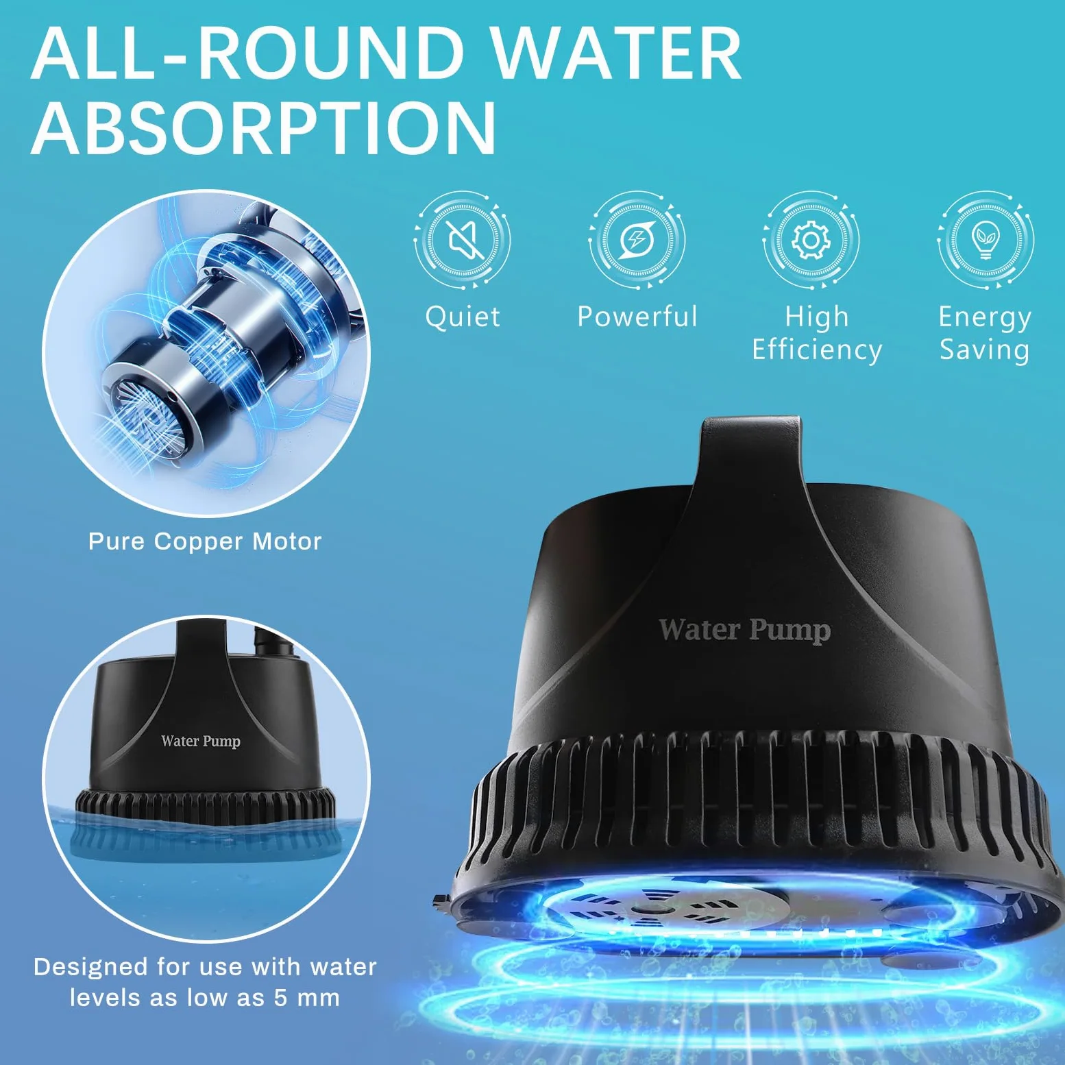 EXLECO Mini Pompa Acqua Submersible 3000L/H 40W, Piccola Acquario Pompa Immersione 230V, Pompa Dell'acqua Sporca Irrigazione Giardini con cavo da 2M, 2 Ugelli, per Fontana Giardino Laghetto