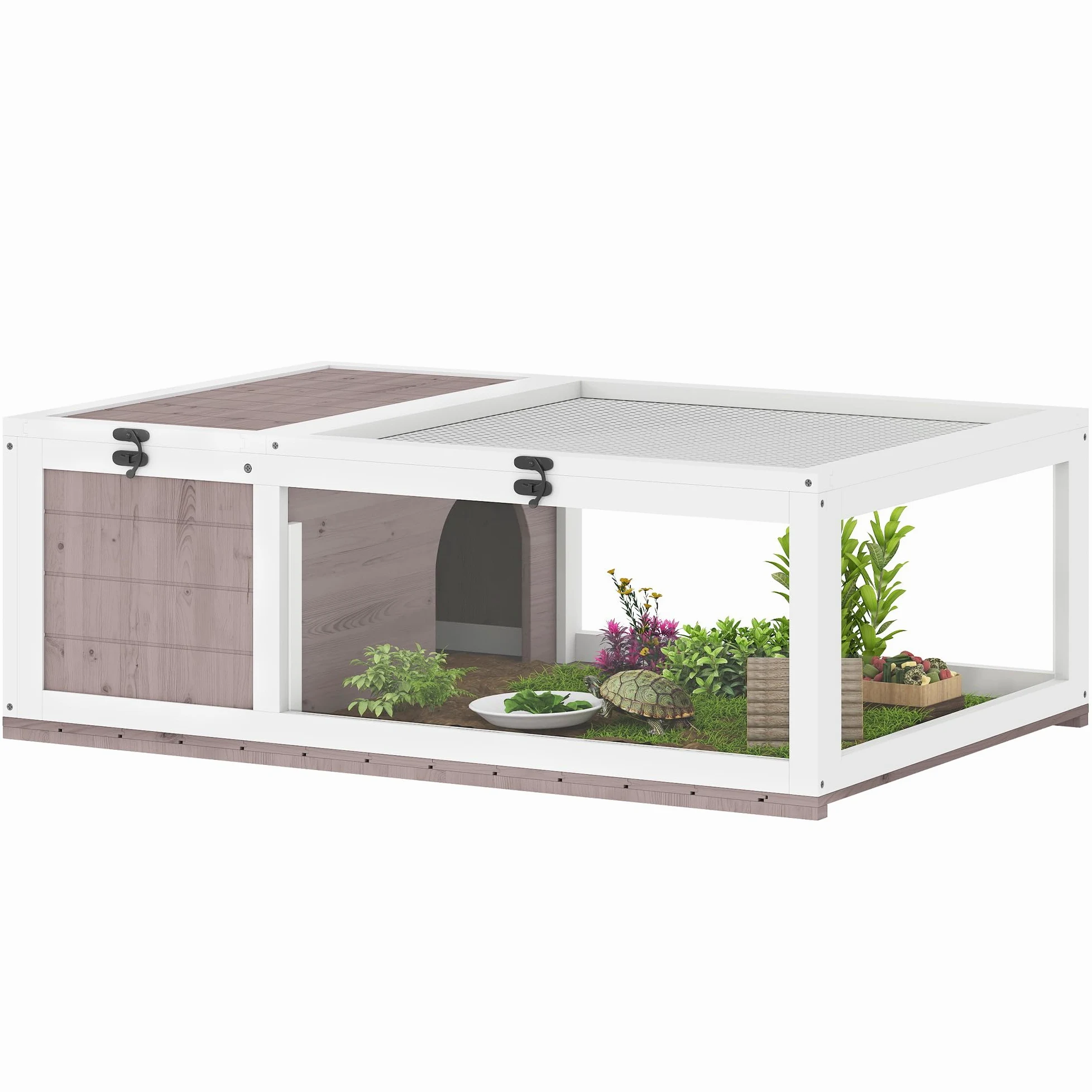 PawHut Casa per Tartarughe di Terra con Pannello Apribile e 2 Spazi Separati, Terrario Tartarughe di Terra in Legno di Abete e Acciaio Zincato, 91x60.5x32 cm, Marrone Chiaro