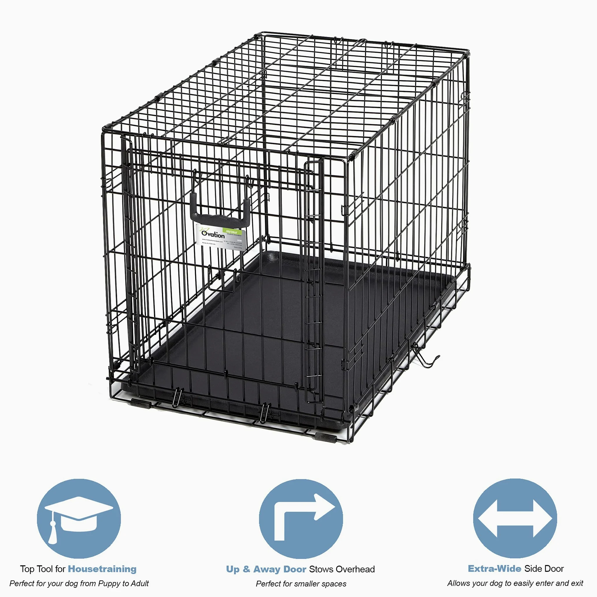 MidWest Homes for Pets Medium Ovation - Gabbia per cani pieghevole a porta singola, 76 cm, salvaspazio, brevettata, padella, a prova di perdite, pannello divisorio, nero