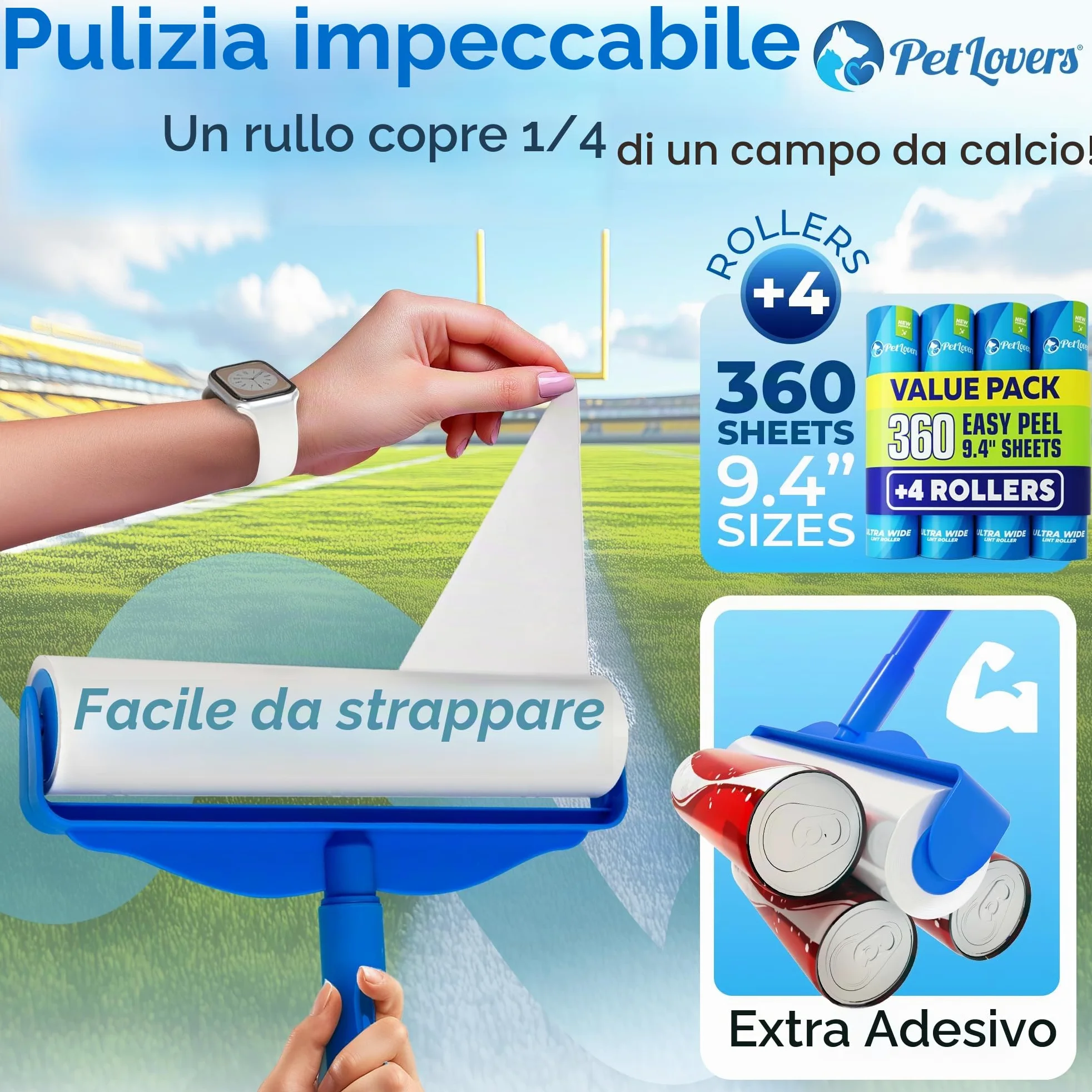 Rullo Rimuovi Peli PetLovers Large con 3 Ricariche – 360 Fogli Totali per Affrontare i Peli degli Animali, Rullo Extra Large per Pavimenti e Tappeti per Case con Animali, Perfetto per Pavimenti