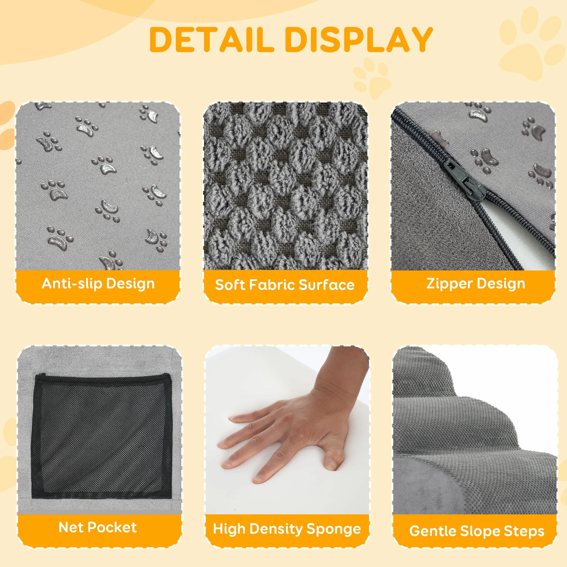 YunNasi Scaletta per Cani per Letto/Divano 3 Gradini, 60 * 40 * 40cm | Rampa Antiscivolo per cani, Scala per Cuccioli, Schiuma ad Alta Densità, Copertura Rimovibile, Pendenza Delicata