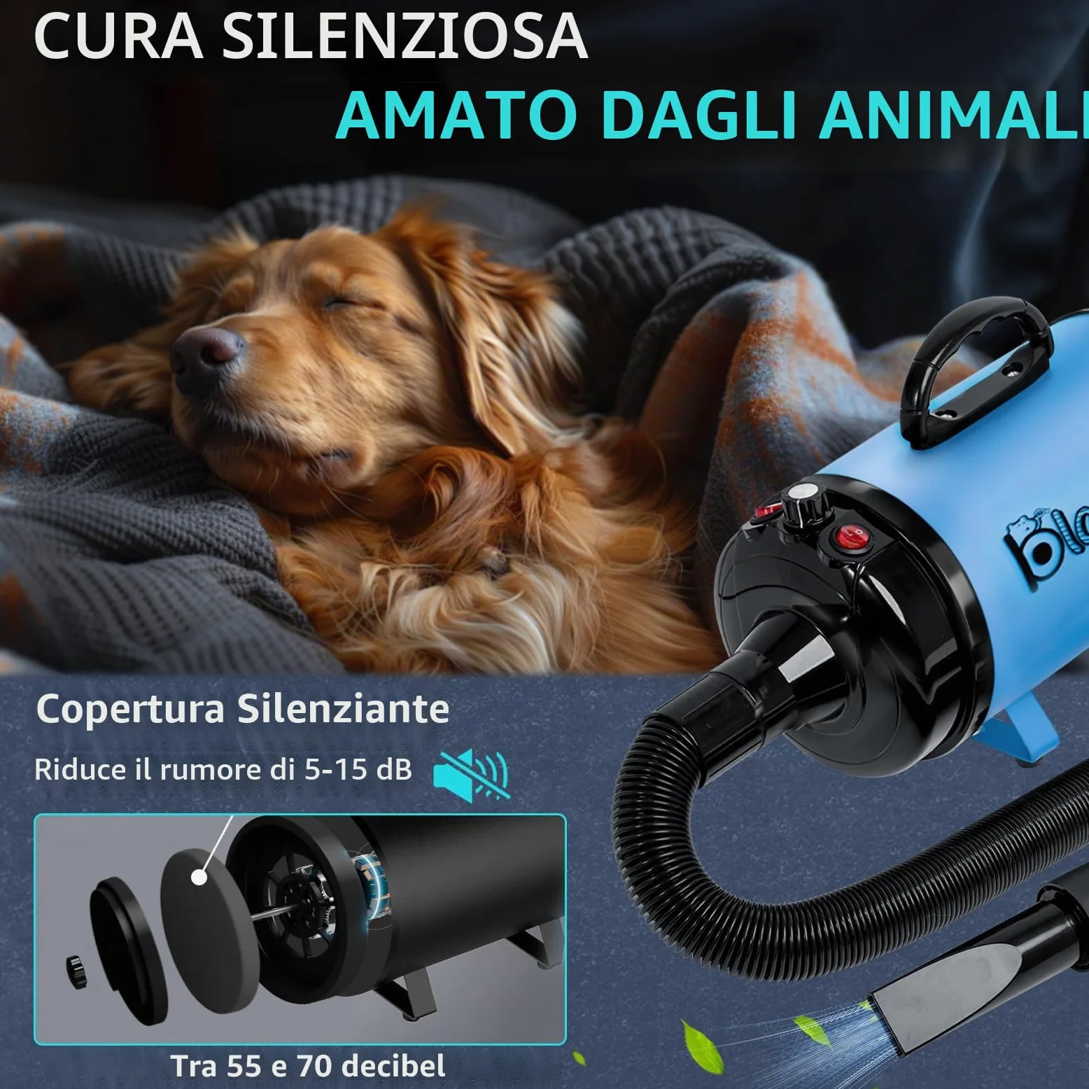 Soffiatore per Cani Blower Molto Silenzioso, 5,2 CV/3800 W, Velocità Regolabile, Ventilatore per la Cura Del Cane con 4 Diversi Ugelli, Tubo Elastico