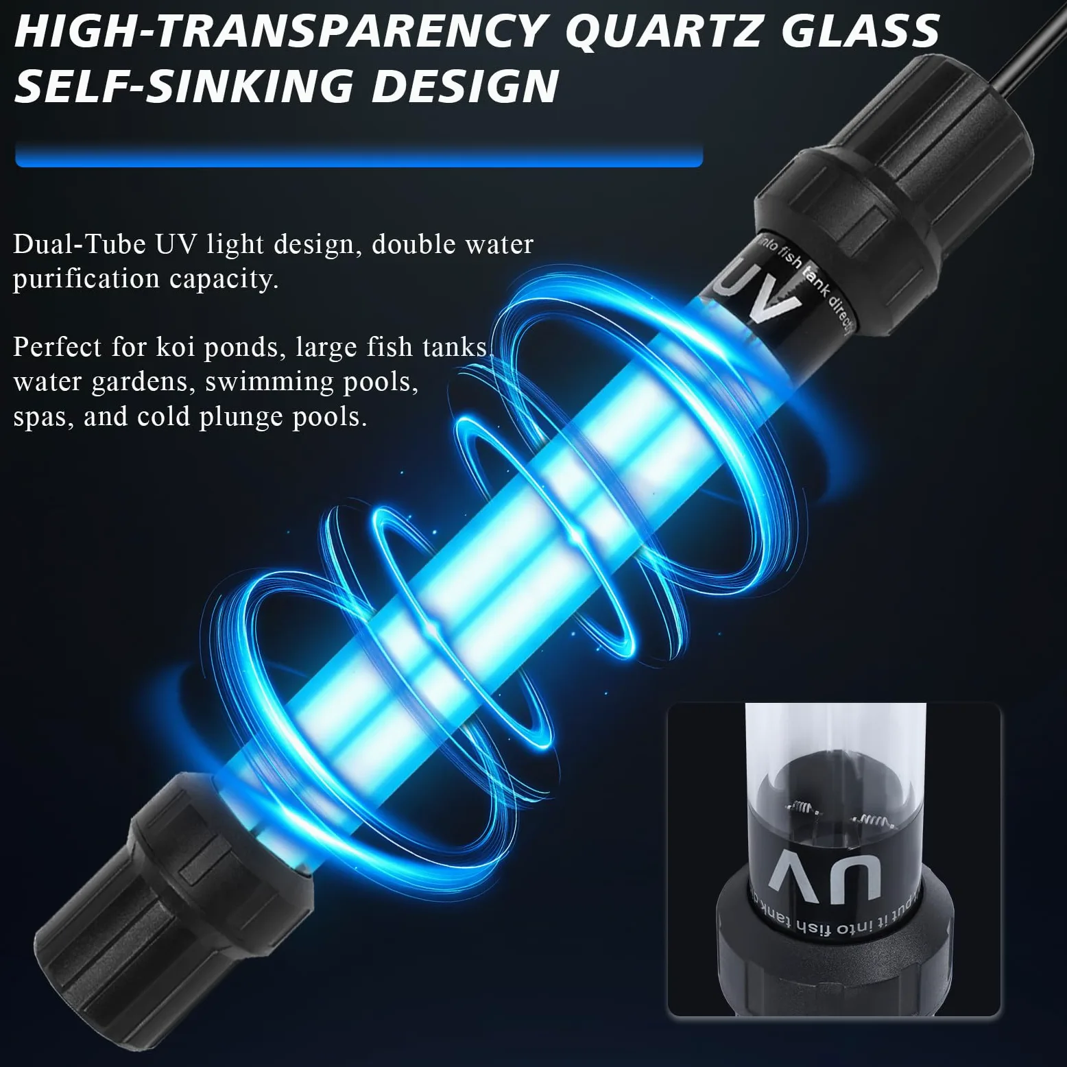 Luce UV sommergibile per acquario, 32 W, per acquario, luce UV, chiarificatore d'acqua per laghetto, piscina, vasca idromassaggio e tuffo freddo con controllo dell'acquario