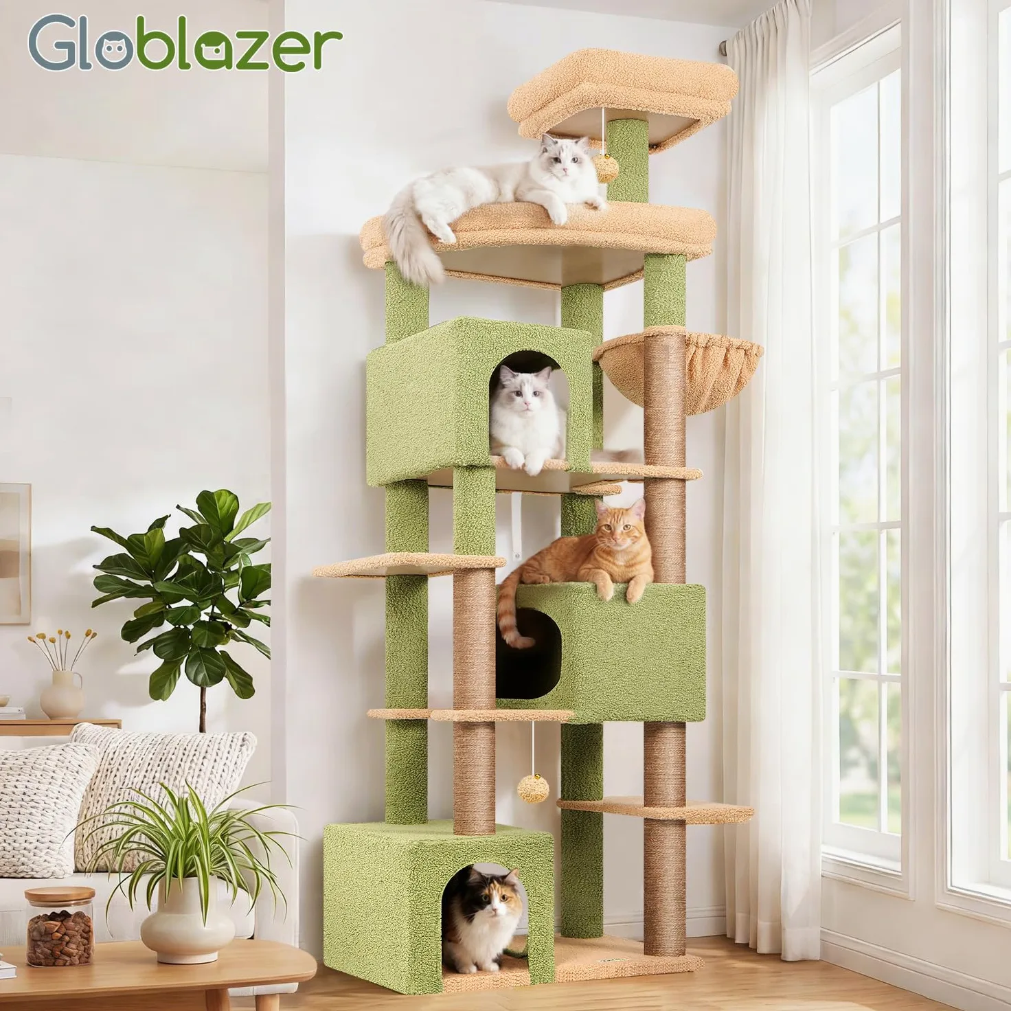 Globlazer Tiragraffi per Gatti Cactus Verde XXL Alto 203 cm con 3 Grandi Grotte 45*30*30CM, ExtraLarge Piattaforma, Cesto, Trespoli, Giocattoli, Albero Stabile per 4-6 Grandi Gatti Adulti (S80, Verde)