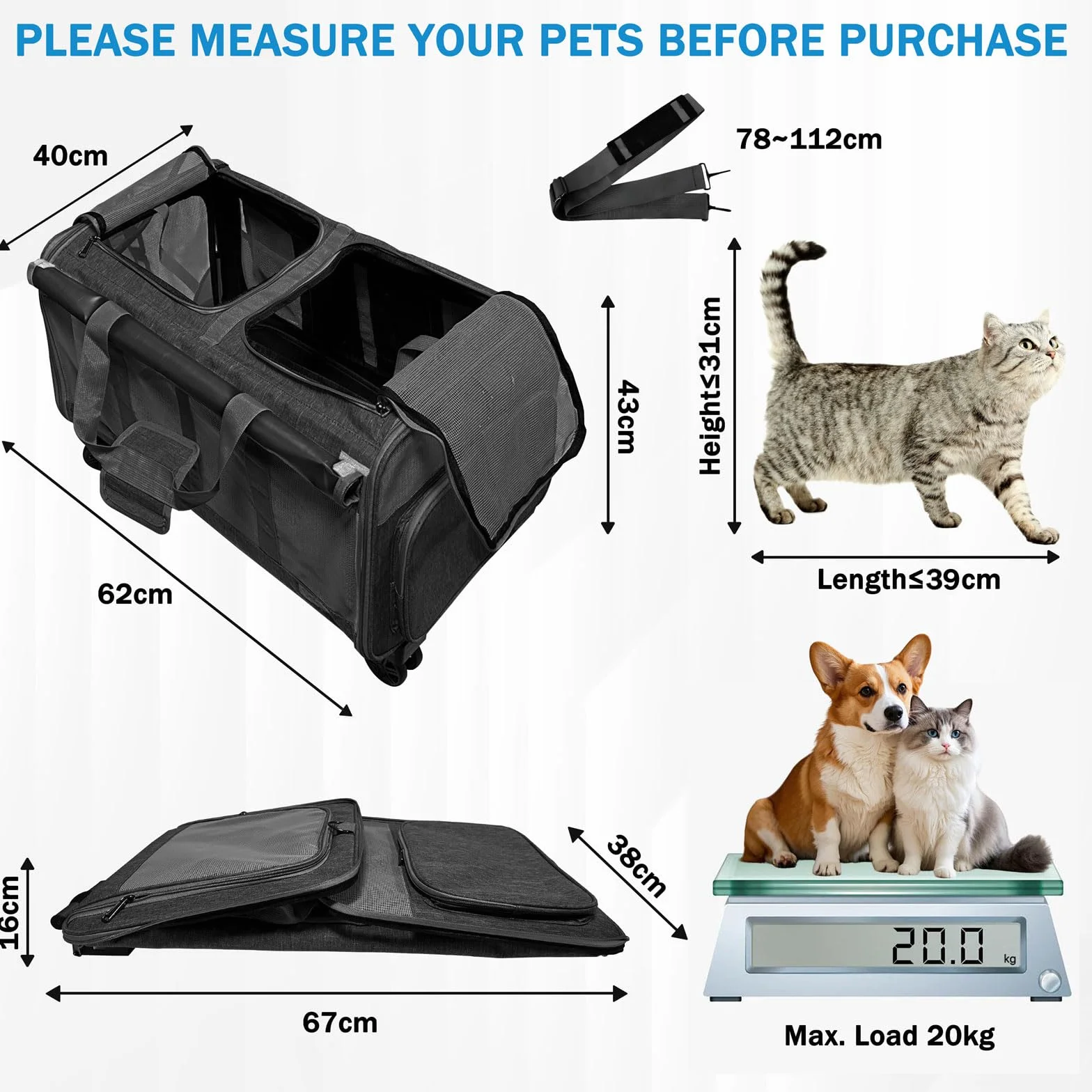 Trasportino per 2 Gatti/Cani, con 2 Cabine + 4 Ruote + Manico Telescopico, Trasportino Pieghevole per Gatto Grande fino a 20 kg, Ideale per Visite Veterinarie, Viaggi in Auto (Nero)
