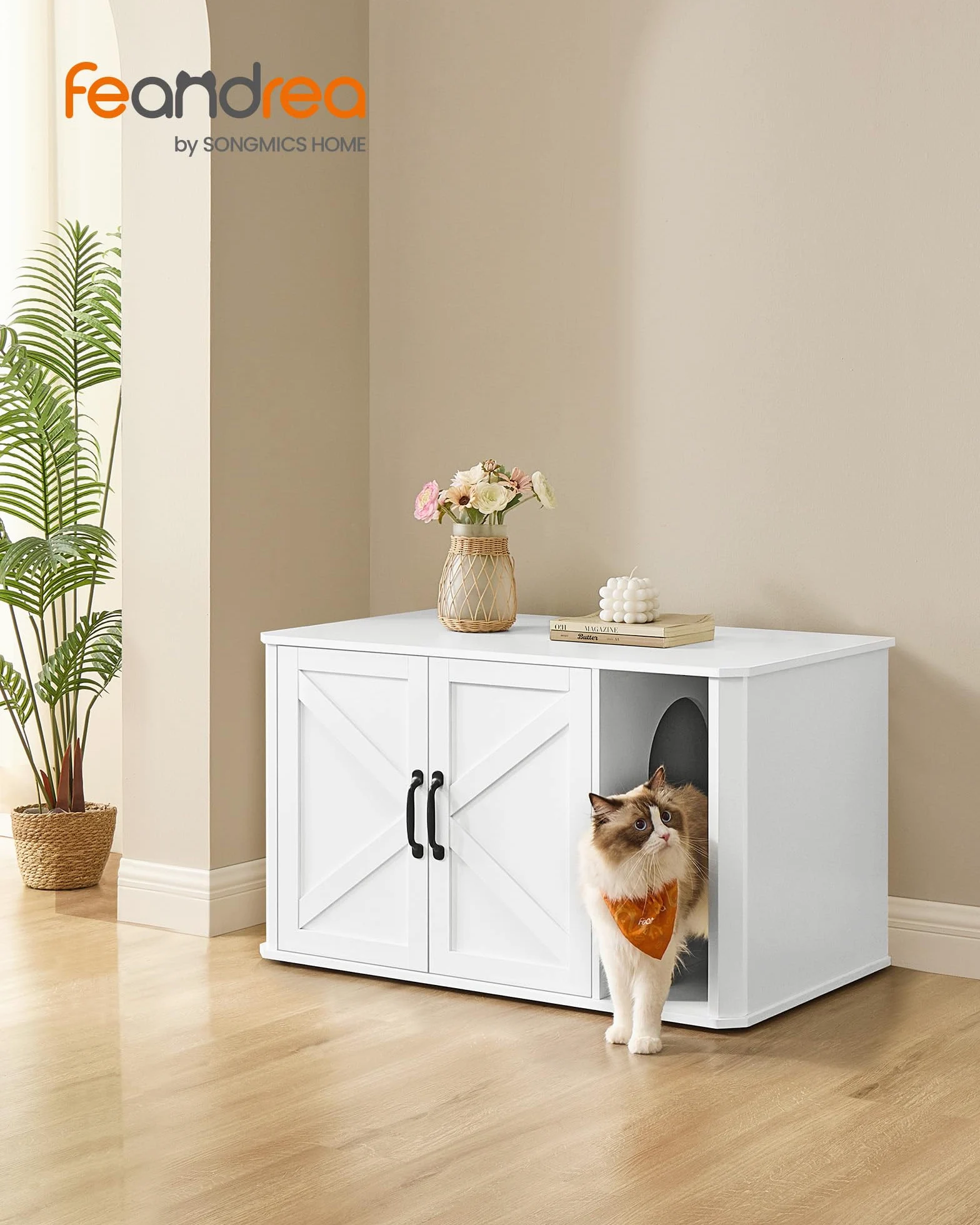 Feandrea Mobile per Lettiera, Mobile Moderno per Lettiera Nascosto, con Ingresso Frontale, Doppie Porte, Maniglie, Casetta per Gatti, Tavolino Laterale, 85 x 48,5 x 50 cm, Bianco Nuvola PCL012W01