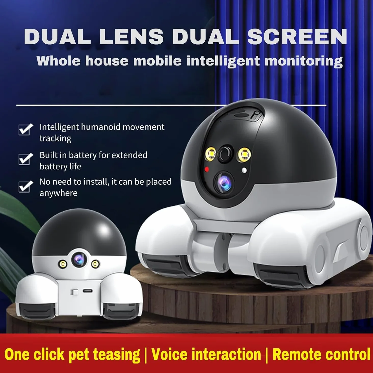Telecamera di sicurezza domestica per animali domestici, 1080P, telecamera mobile per interni, conversazione a 2 vie, rilevamento del movimento, visione notturna, telecamere mobili wireless con