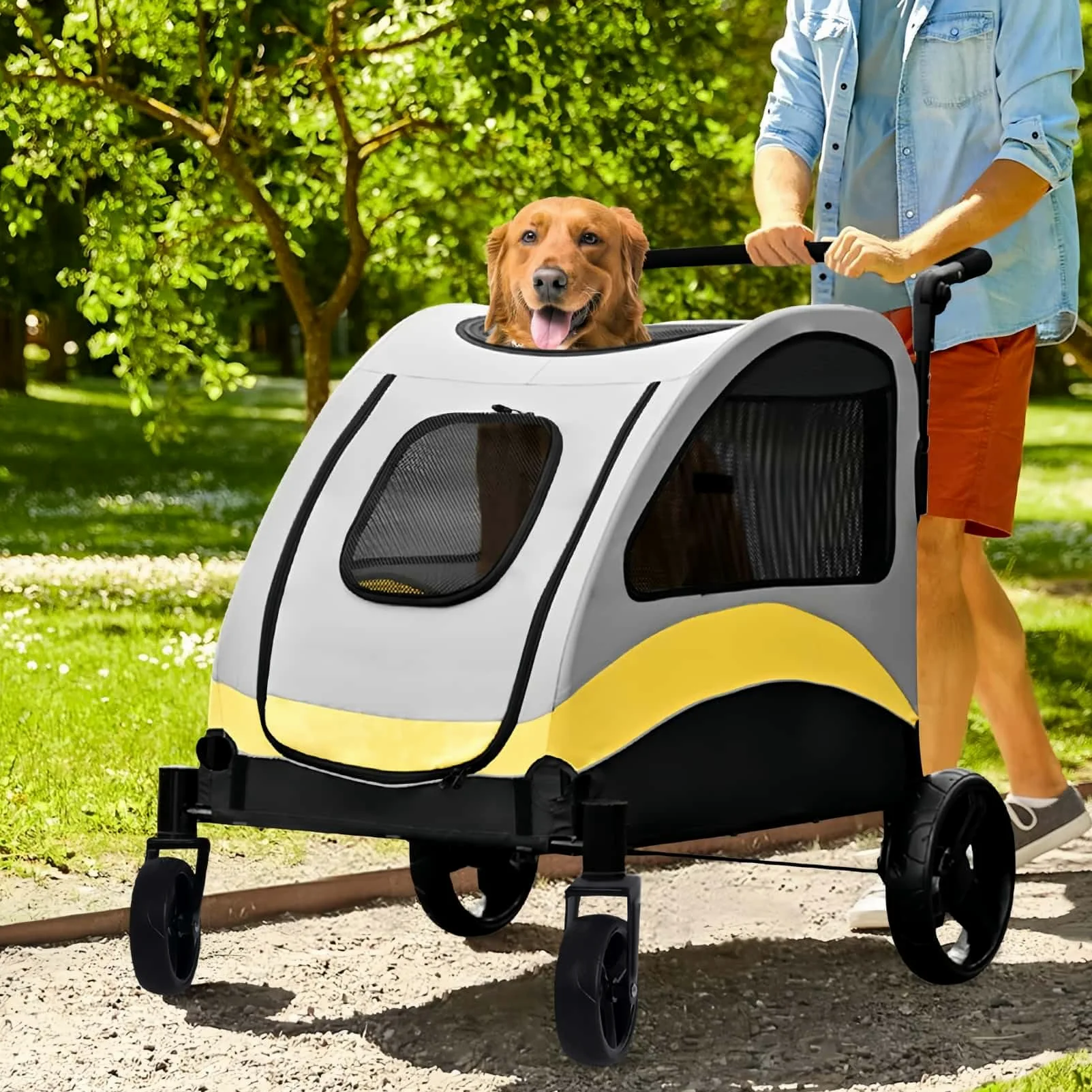 BingoPaw XL Passeggino per cani Grandi 65 kg Passeggino per Animali Domestici Pieghevole, Ruote dei freni per cani, Traspirante, Ammortizzante, Sicuro