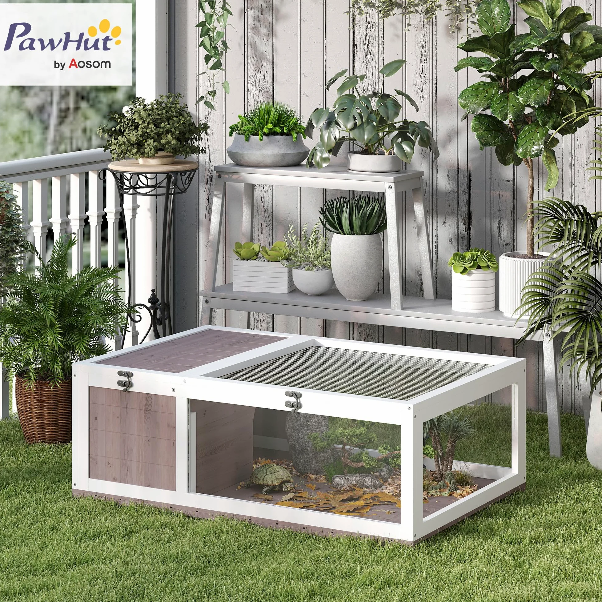 PawHut Casa per Tartarughe di Terra con Pannello Apribile e 2 Spazi Separati, Terrario Tartarughe di Terra in Legno di Abete e Acciaio Zincato, 91x60.5x32 cm, Marrone Chiaro