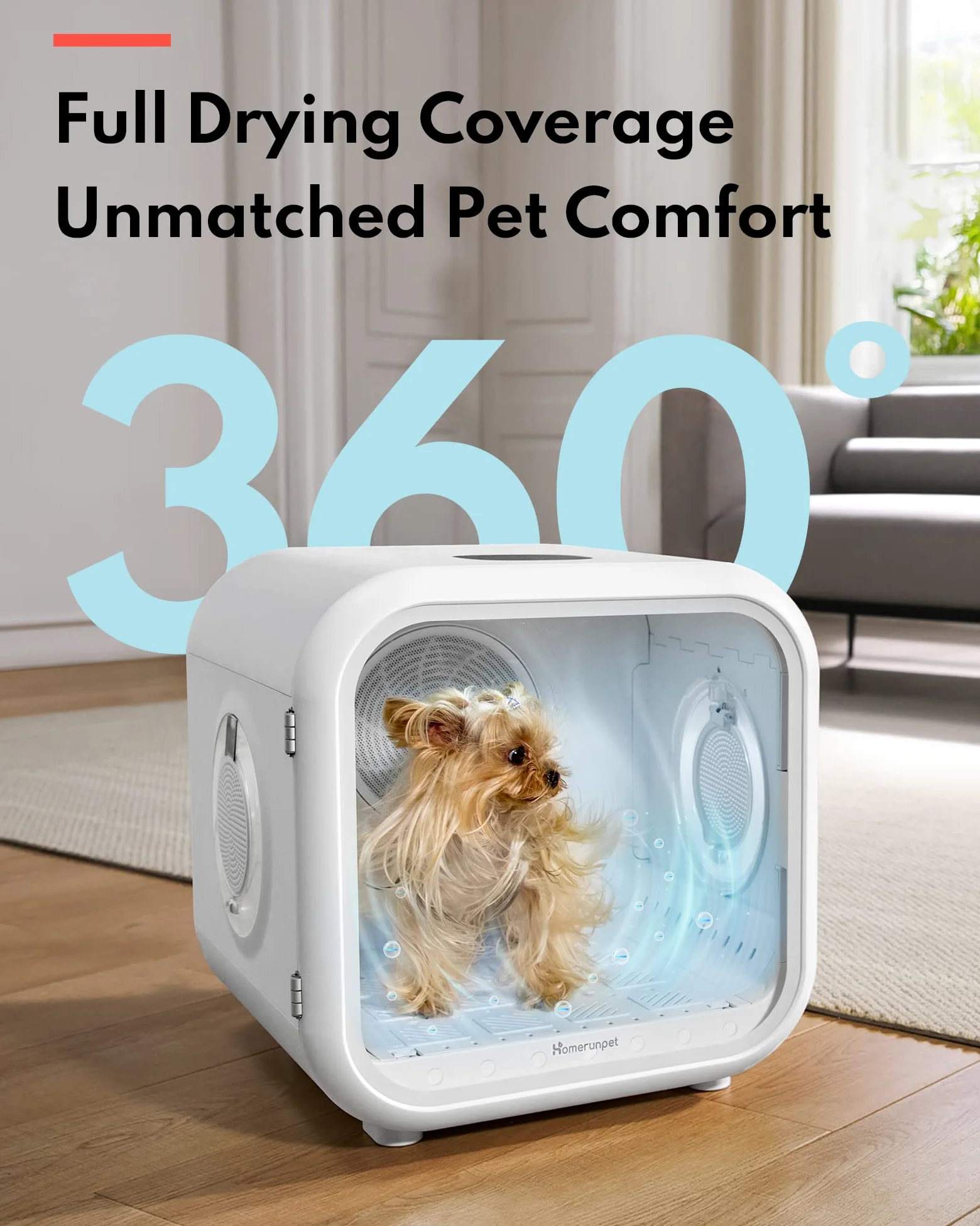 HomeRunPet Scatola Asciuga per Gatti e Cani di Piccola Taglia, 360° Efficiente Asciugatrice Automatica e Silenziosa con Controllo Intelligente della Temperatura (50L Drybo Plus Phon per Cani)